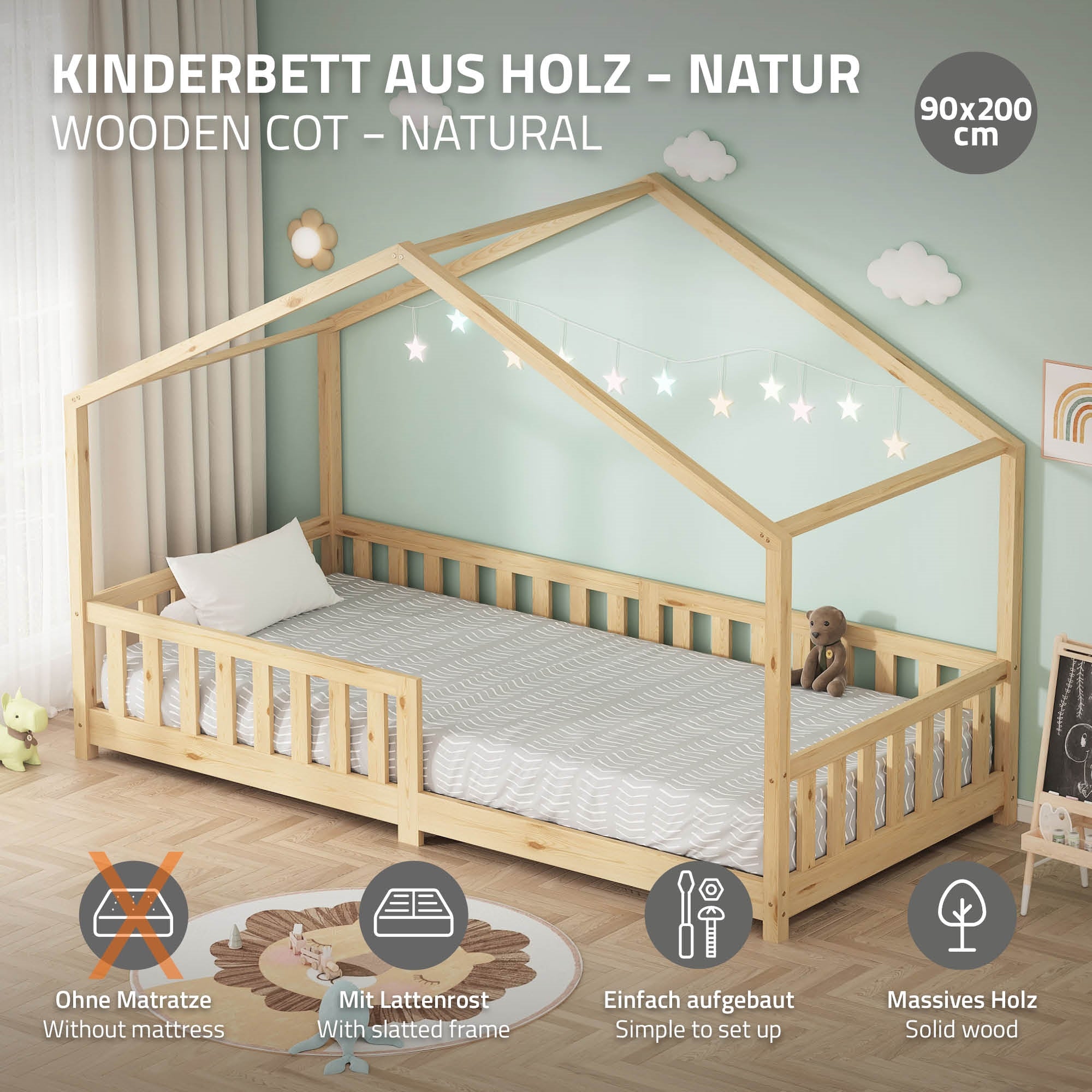 ECD Germany Kinder Lit cabane 90x200 cm nature pin avec sommier