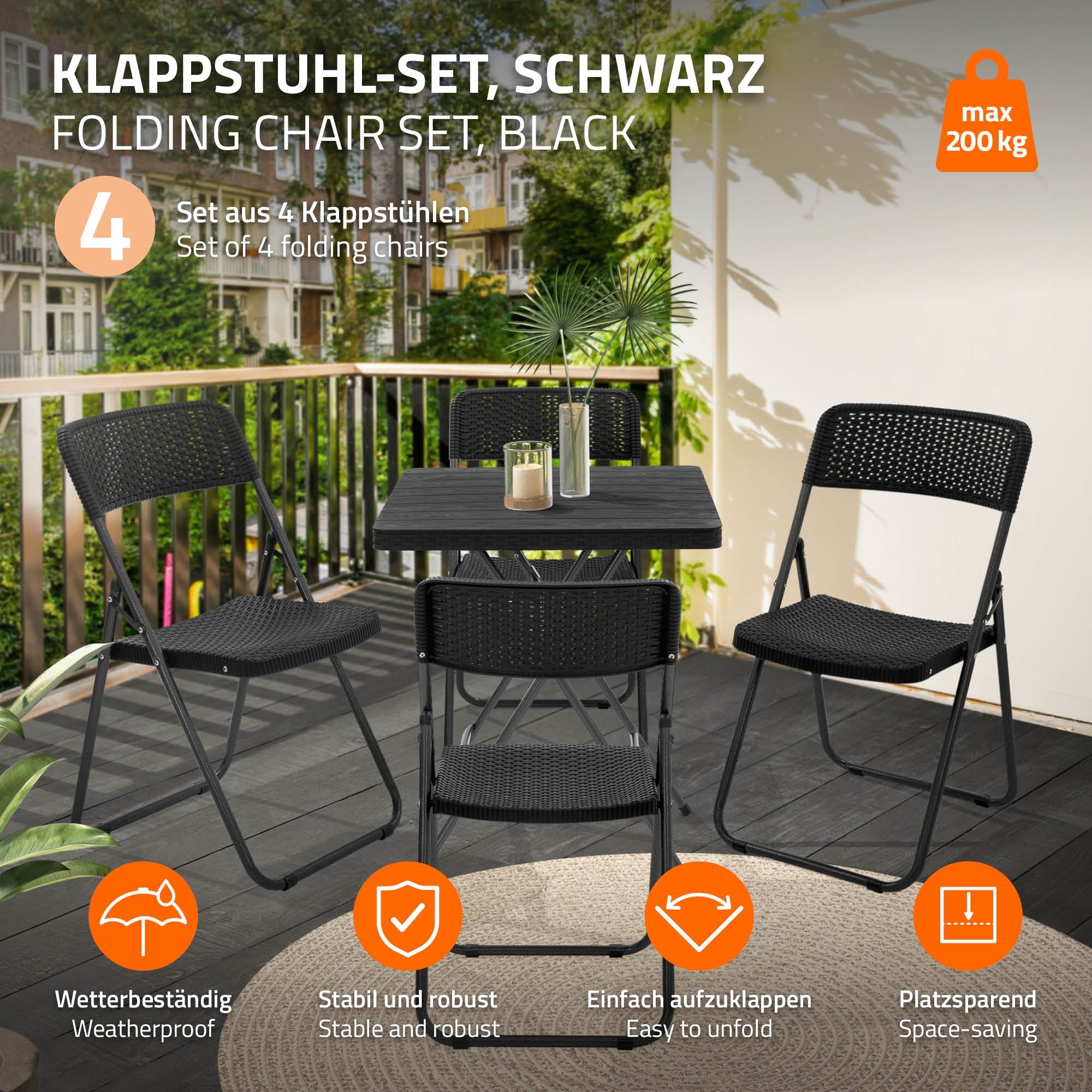 ECD Germany Garten chaise pliante noire 51x46x82 cm lot 4 rotin