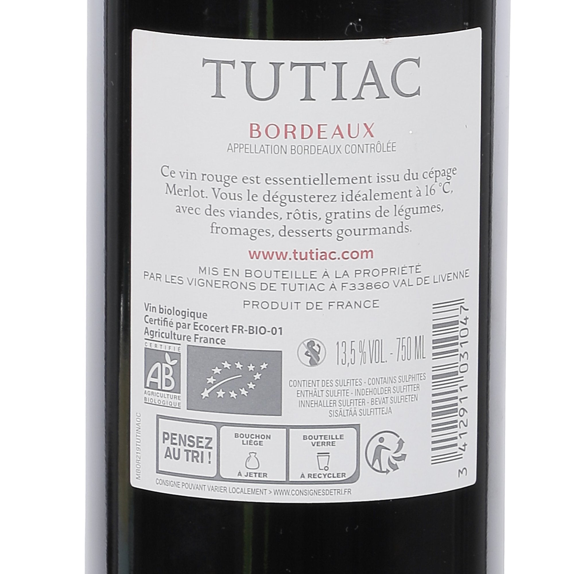 Tutiac Bordeaux AOC 2019 vin bio 13,5%