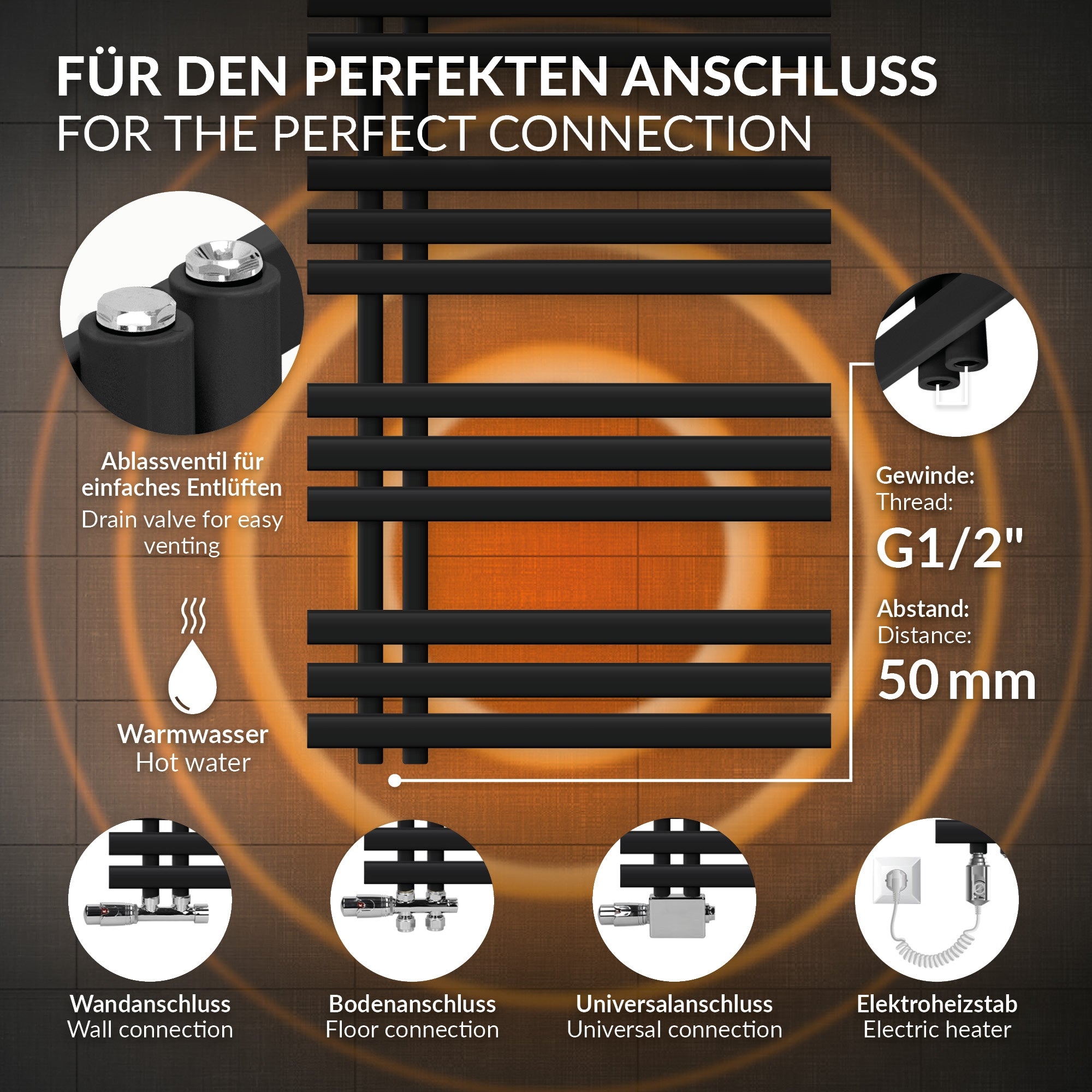 ECD Germany Heizungen sèche-serviettes noir mat 600x1000 600W