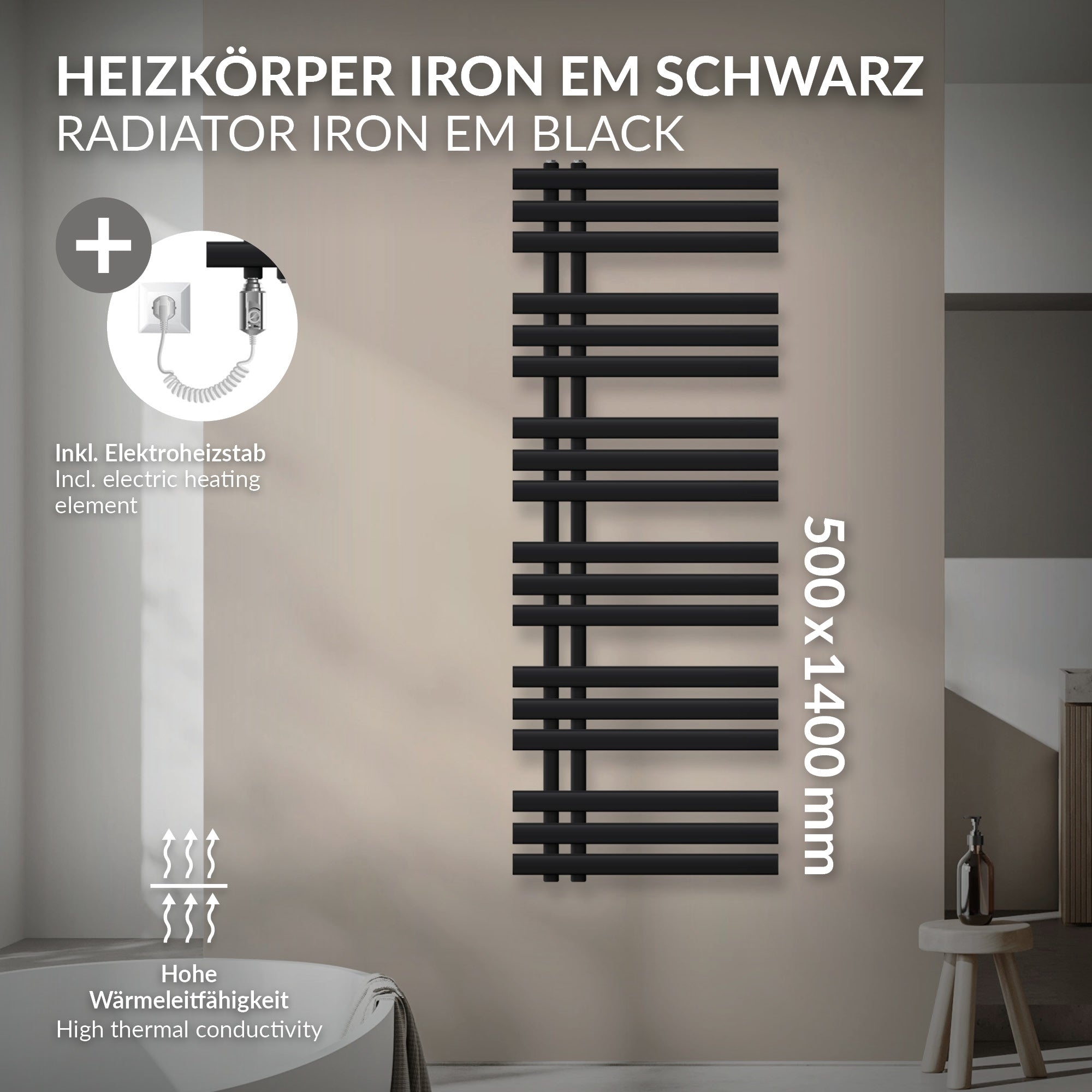 LuxeBath Iron EM sèche-serviettes noir mat 500x1400 mm 1200W
