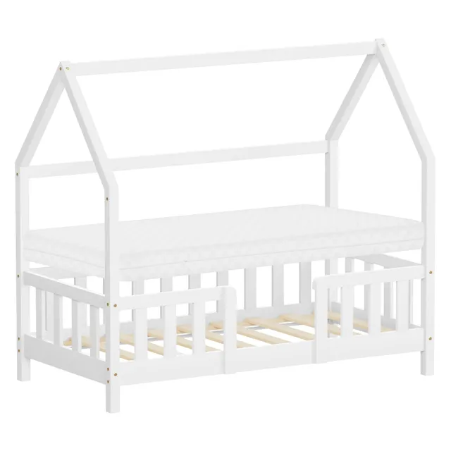 ECD Kinder Lit Cabane Enfant 70x140 cm Blanc Pin + Matelas 10 cm