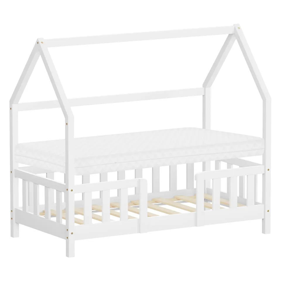 ECD Kinder Lit Cabane Enfant 70x140 cm Blanc Pin + Matelas 10 cm