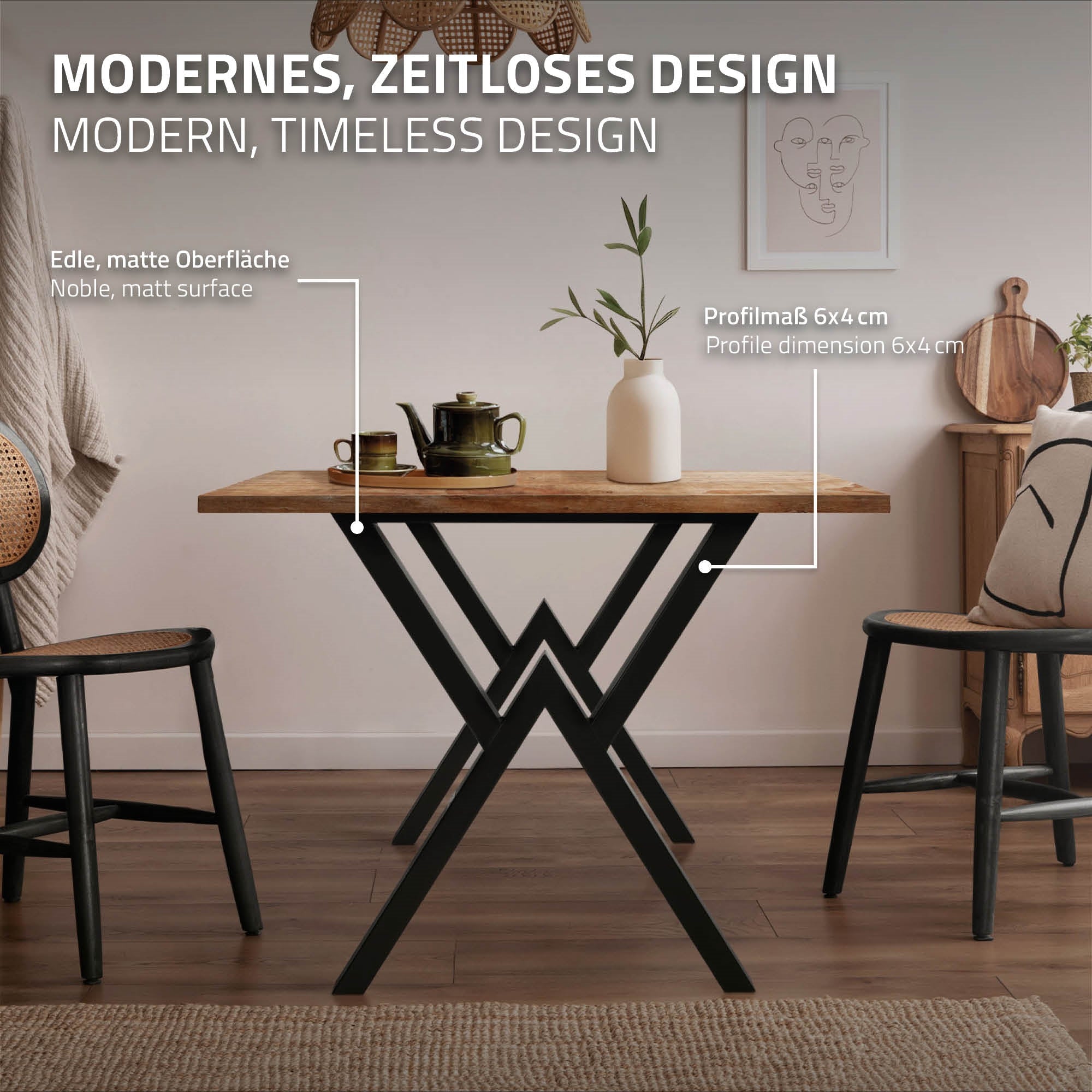 ECD Germany Möbel lot 2 pieds table X acier noir 60x72 cm