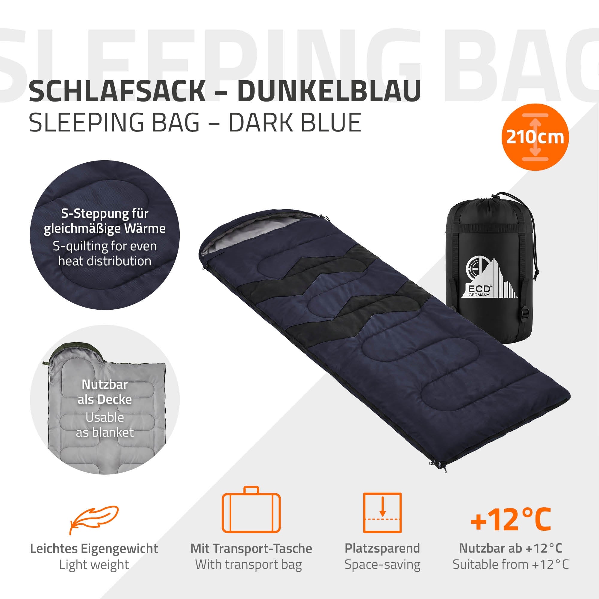 ECD Sport & Freizeit Sac de Couchage Adulte Bleu Foncé 210 cm 3 Saisons