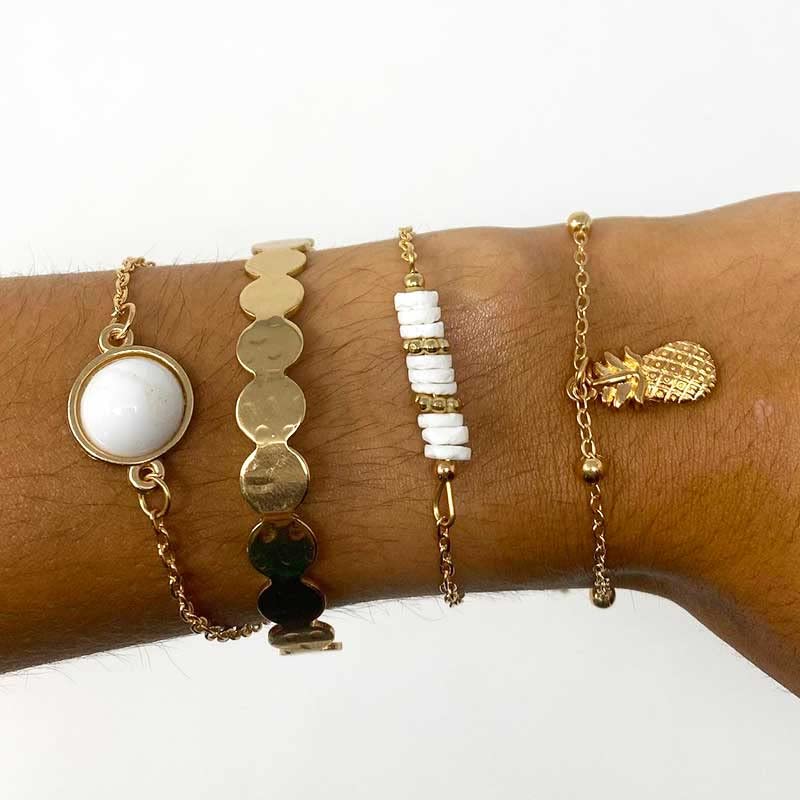 Shop-Story Ananas Bracelet Ensemble 4 Bracelets Perles Or Tropical