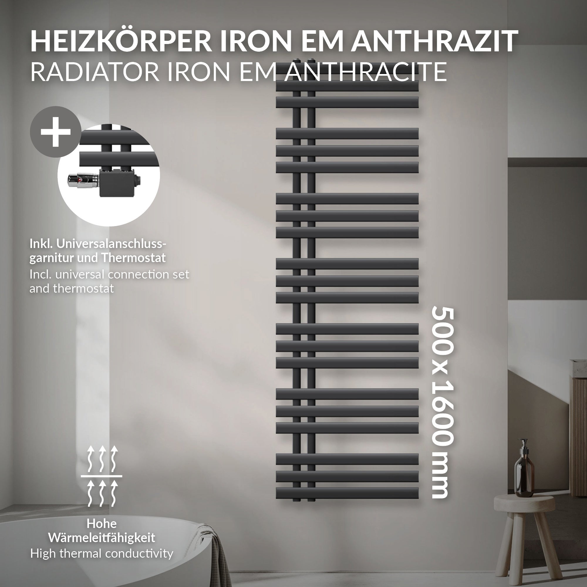 ECD Germany Heizungen 500x1600 radiateur sèche-serviettes anthracite