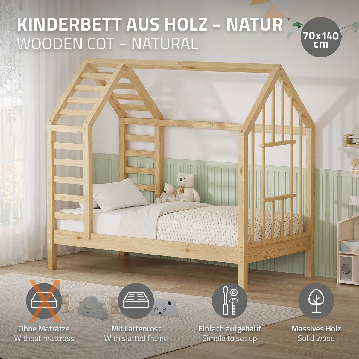 ECD Germany Kinder lit cabane 70x140 cm pin naturel avec sommier