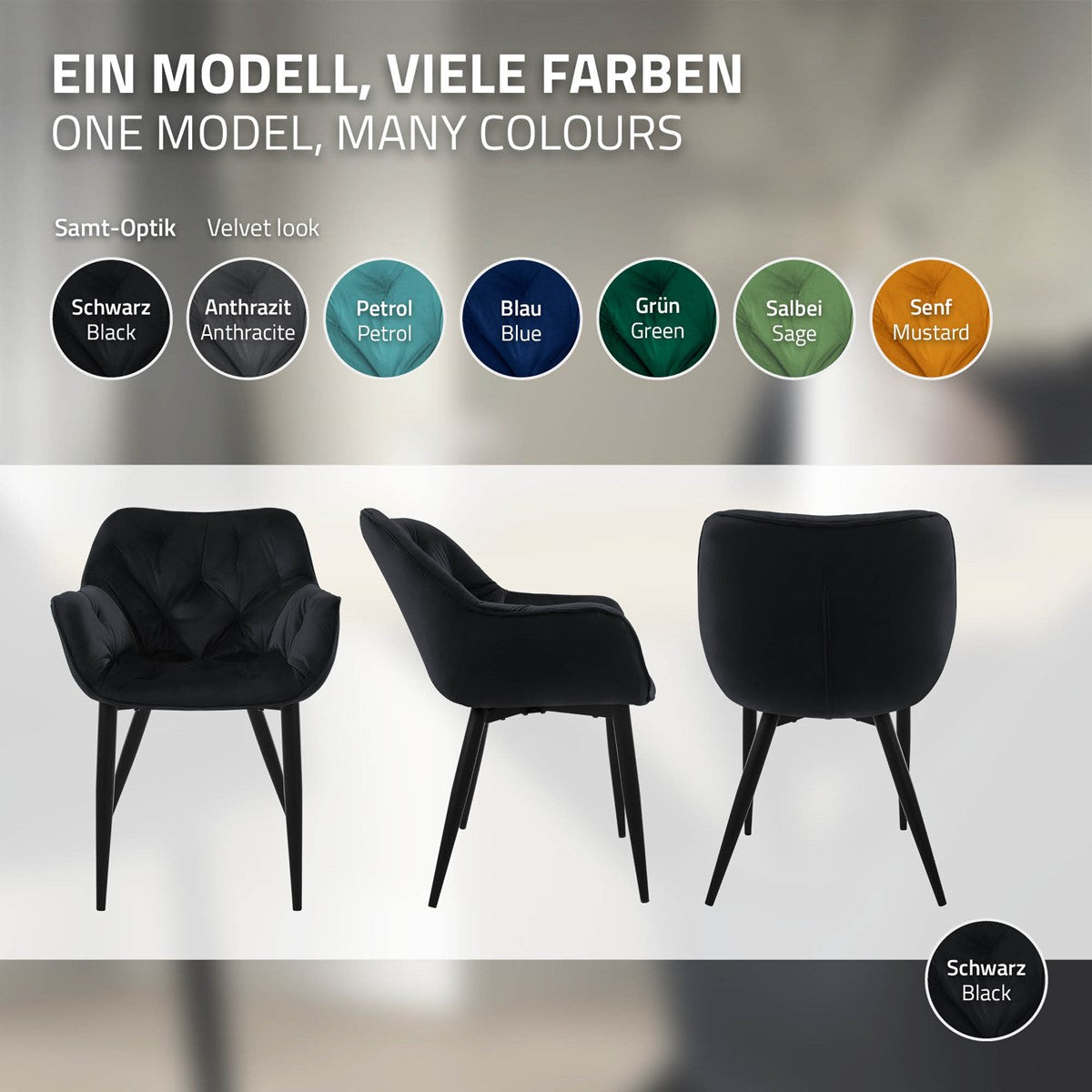 ECD Germany Möbel chaise salle à manger noire velours lot de 4
