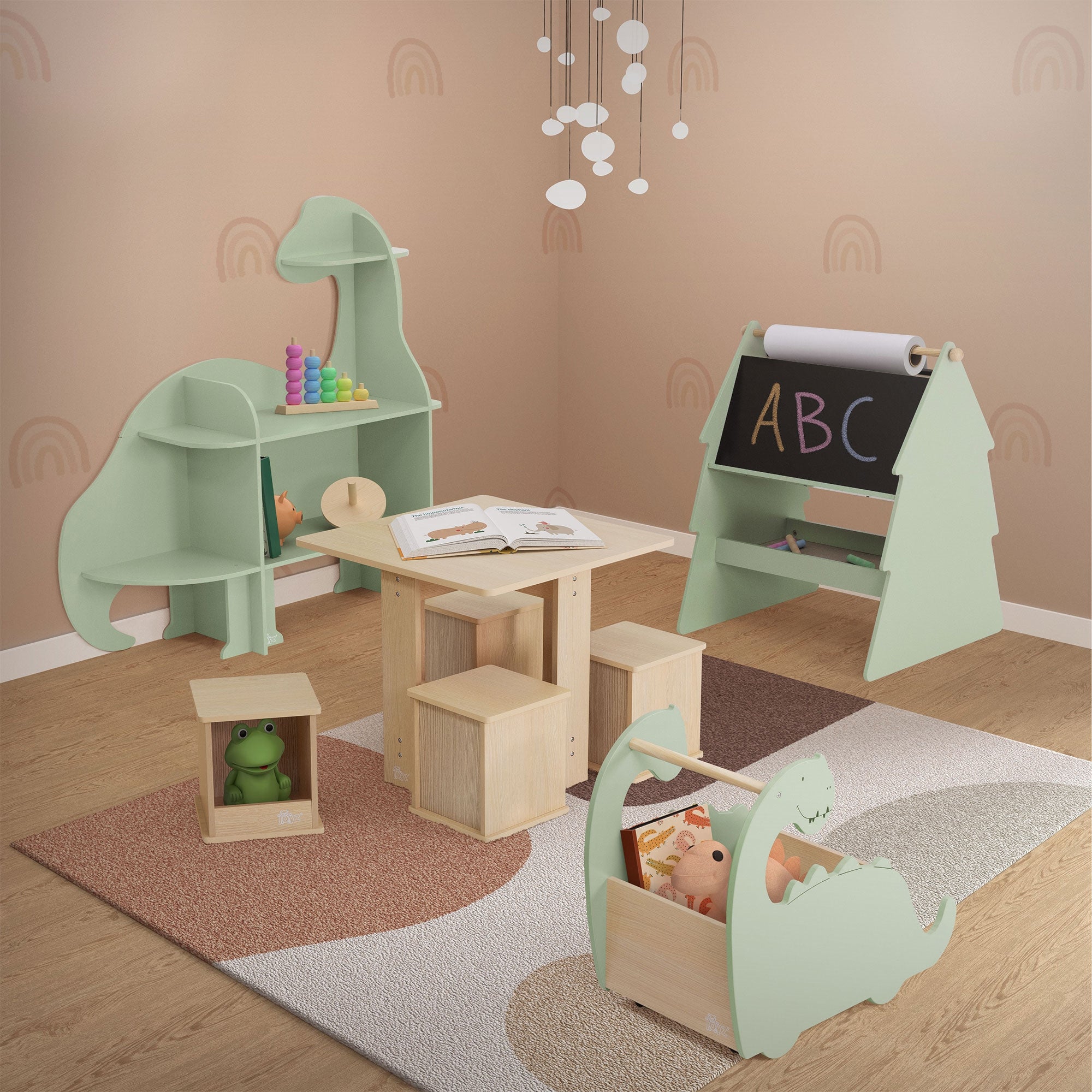 ECD Germany Kinder Coffre à jouets dino beige vert roulettes