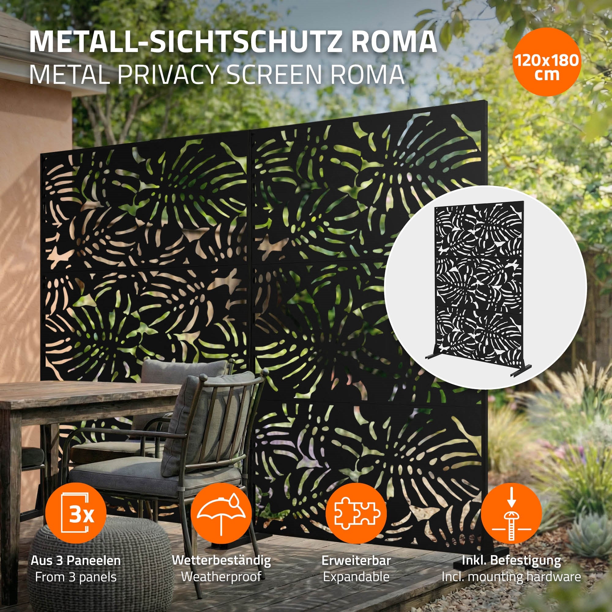 ECD Germany Möbel Roma Paravent 120x180 cm noir 3 panneaux