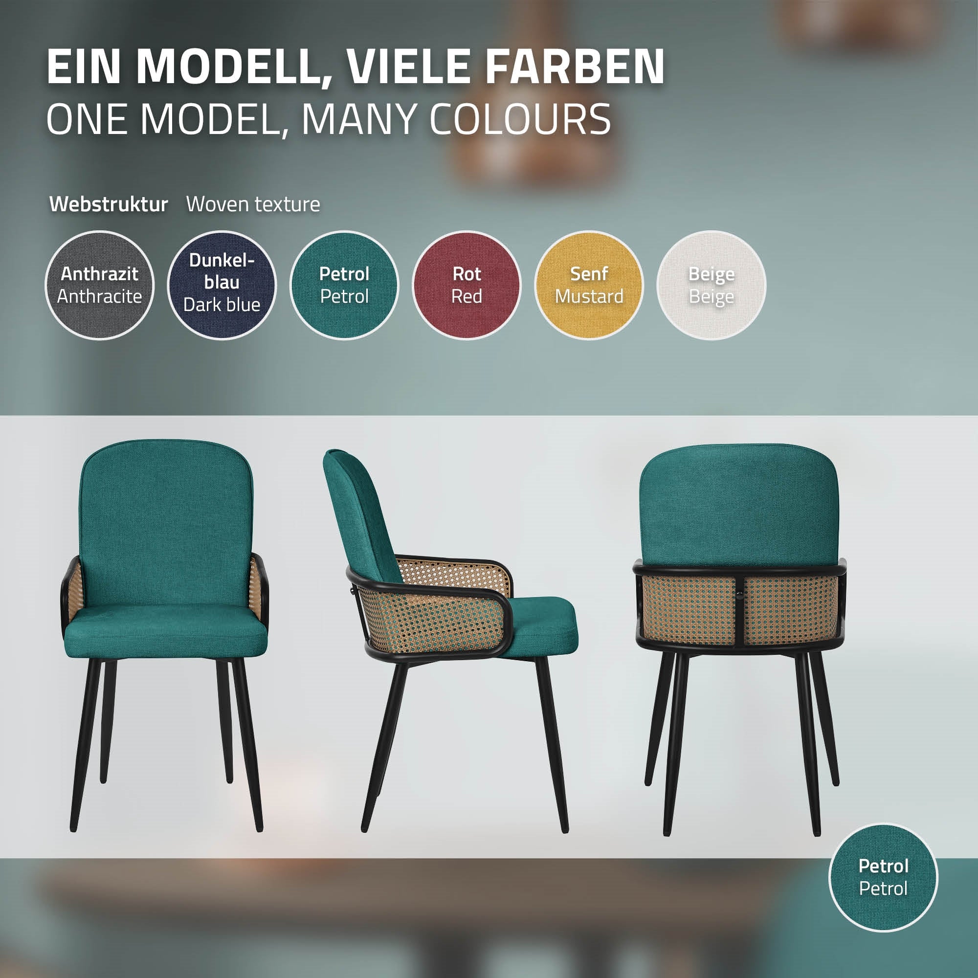 ECD Germany Möbel lot 2 chaises salle à manger pétrole accoudoirs rotin