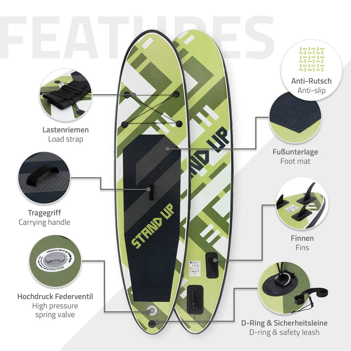 ECD Germany SUP gonflable olive 308 cm PVC avec pompe et sac