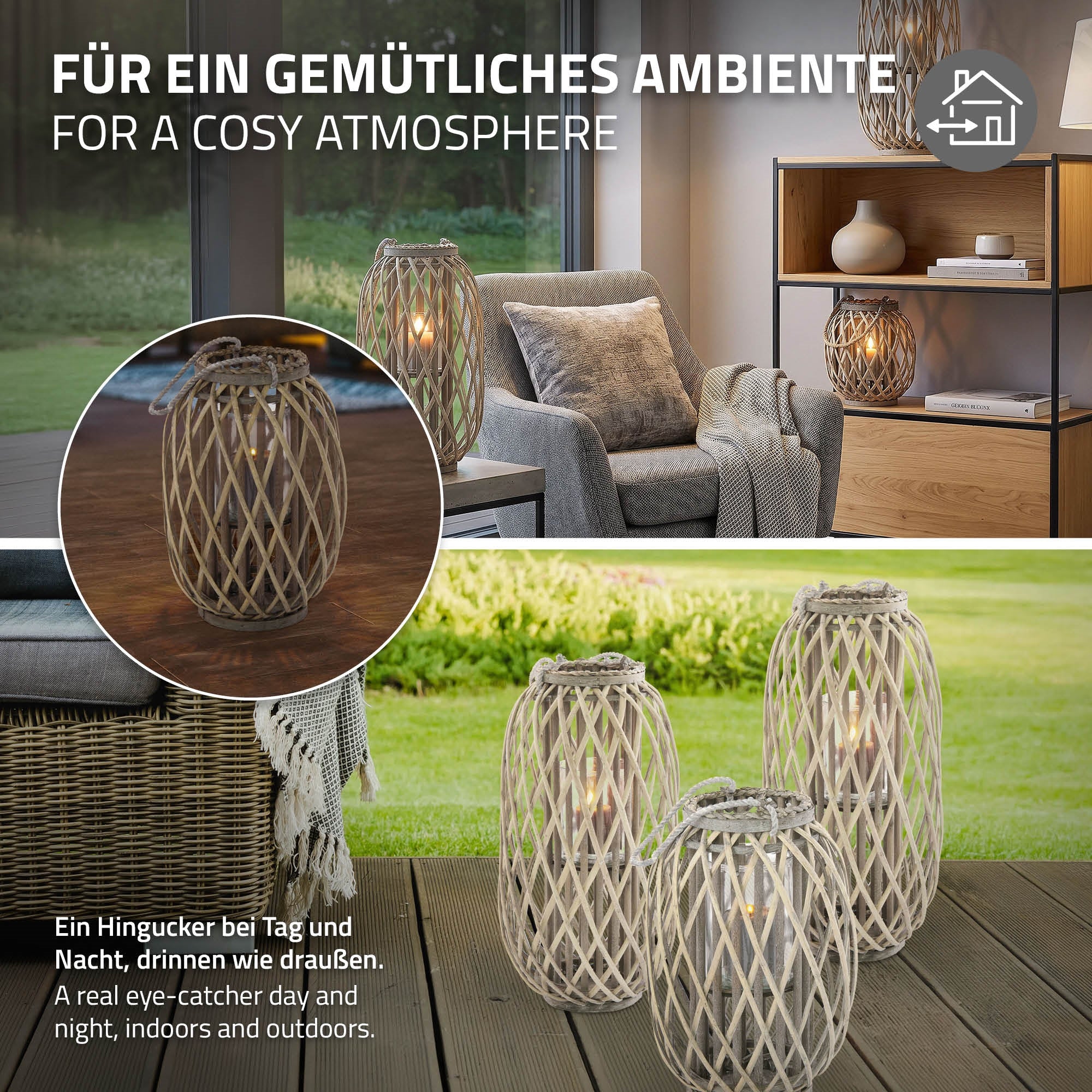 ECD Germany lanterne rotin marron tressée 40 cm avec anse jardin