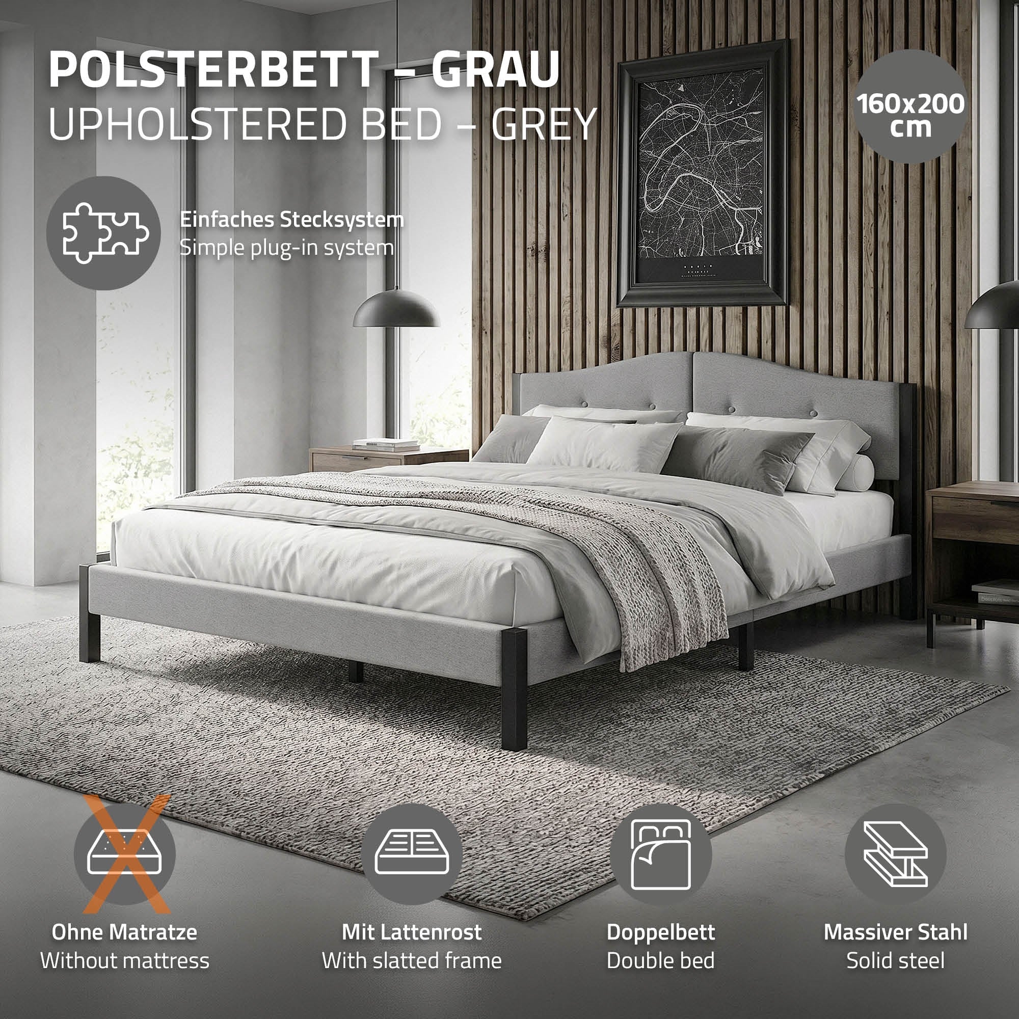 ECD Germany Möbel lit capitonné gris 160x200 avec sommier