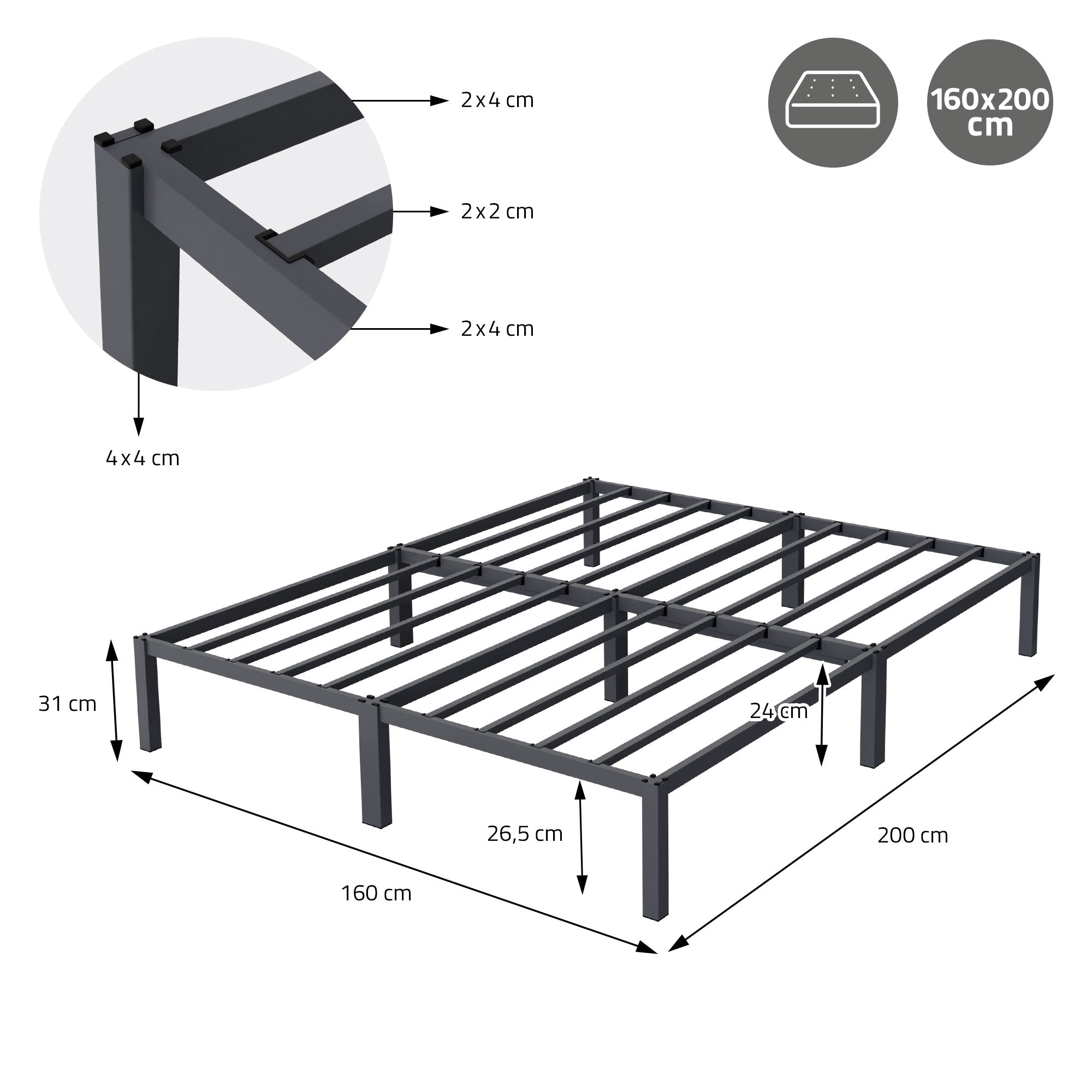 ECD Germany Möbel Lit double métal 160x200 anthracite