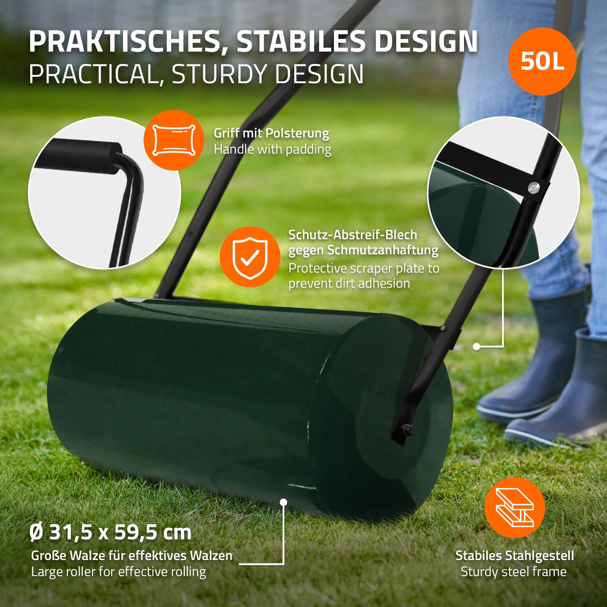ECD Germany Garten Rouleau gazon 50 L vert 60 cm acier lesté