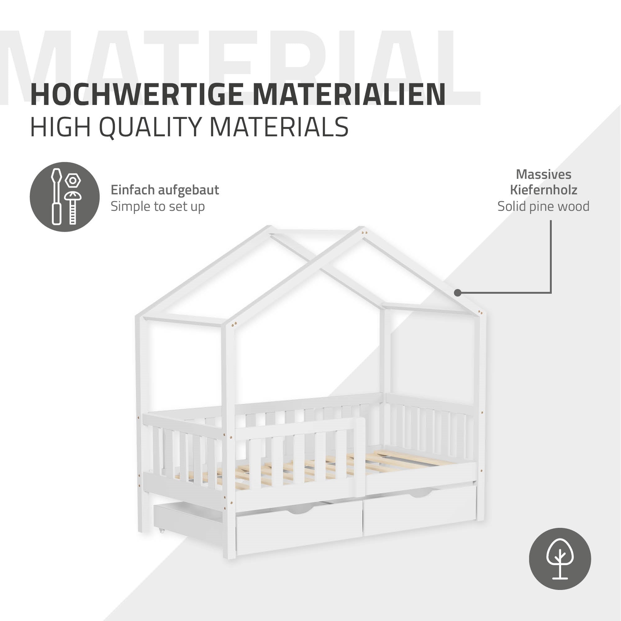 ECD Germany Kinder Lit cabane 70x140 blanc pin 2 tiroirs sans matelas