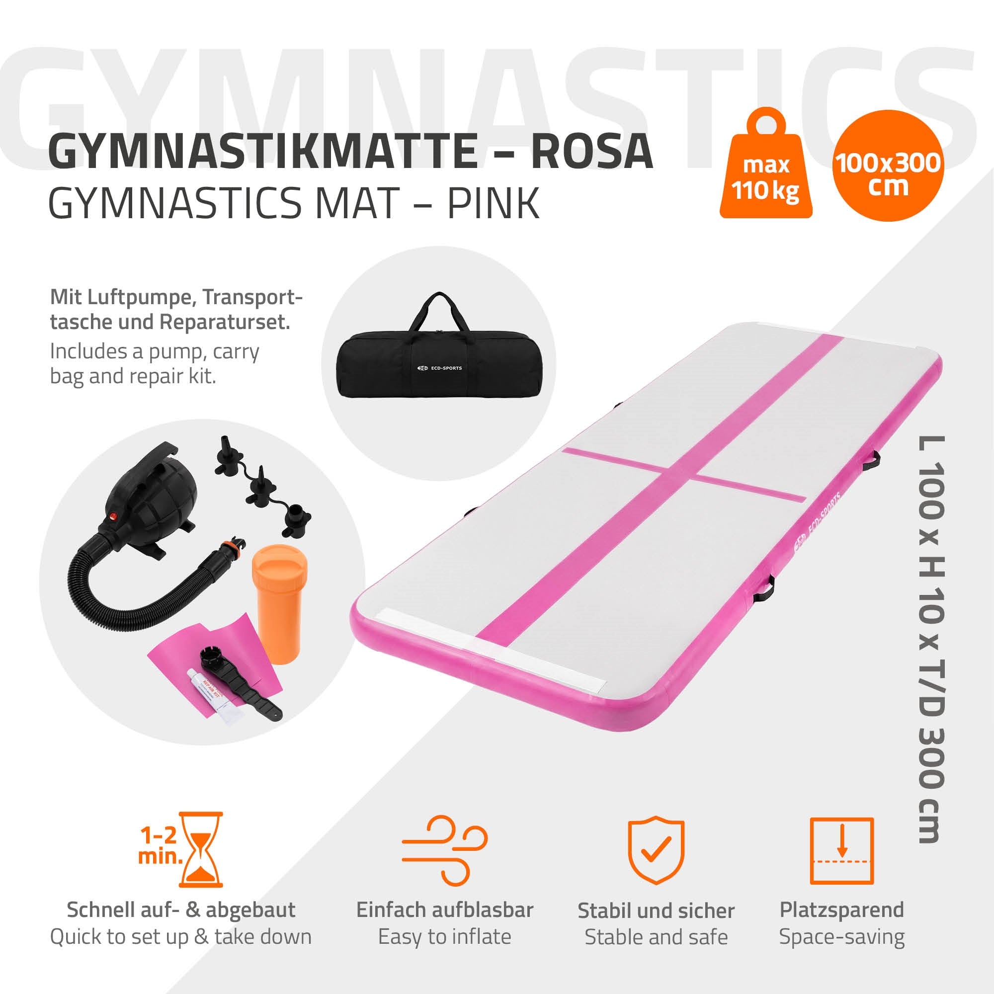 Airtrack Tapis gym gonflable 3m rose 10cm + pompe