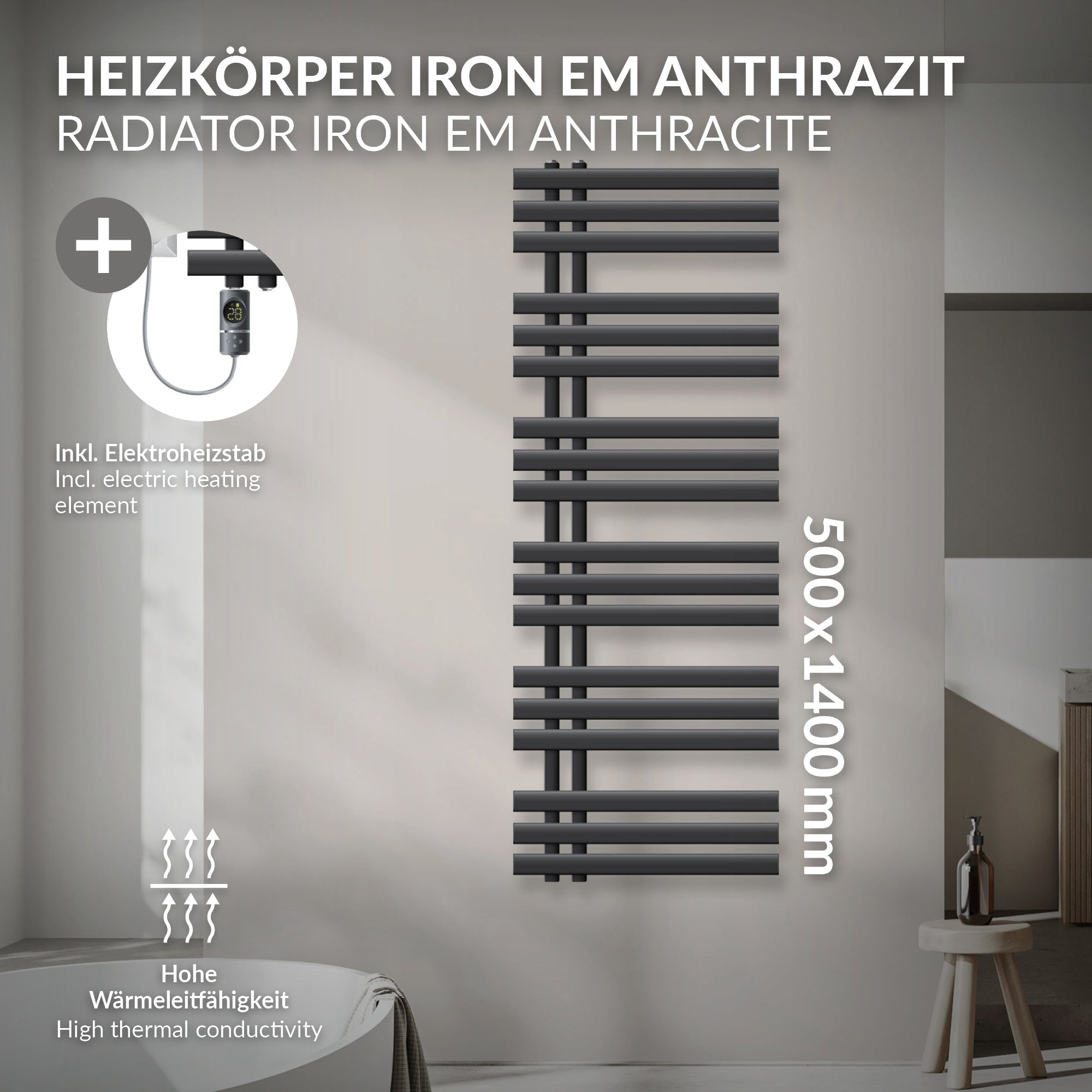 LuxeBath 500x1400 sèche-serviettes anthracite + tige 900W