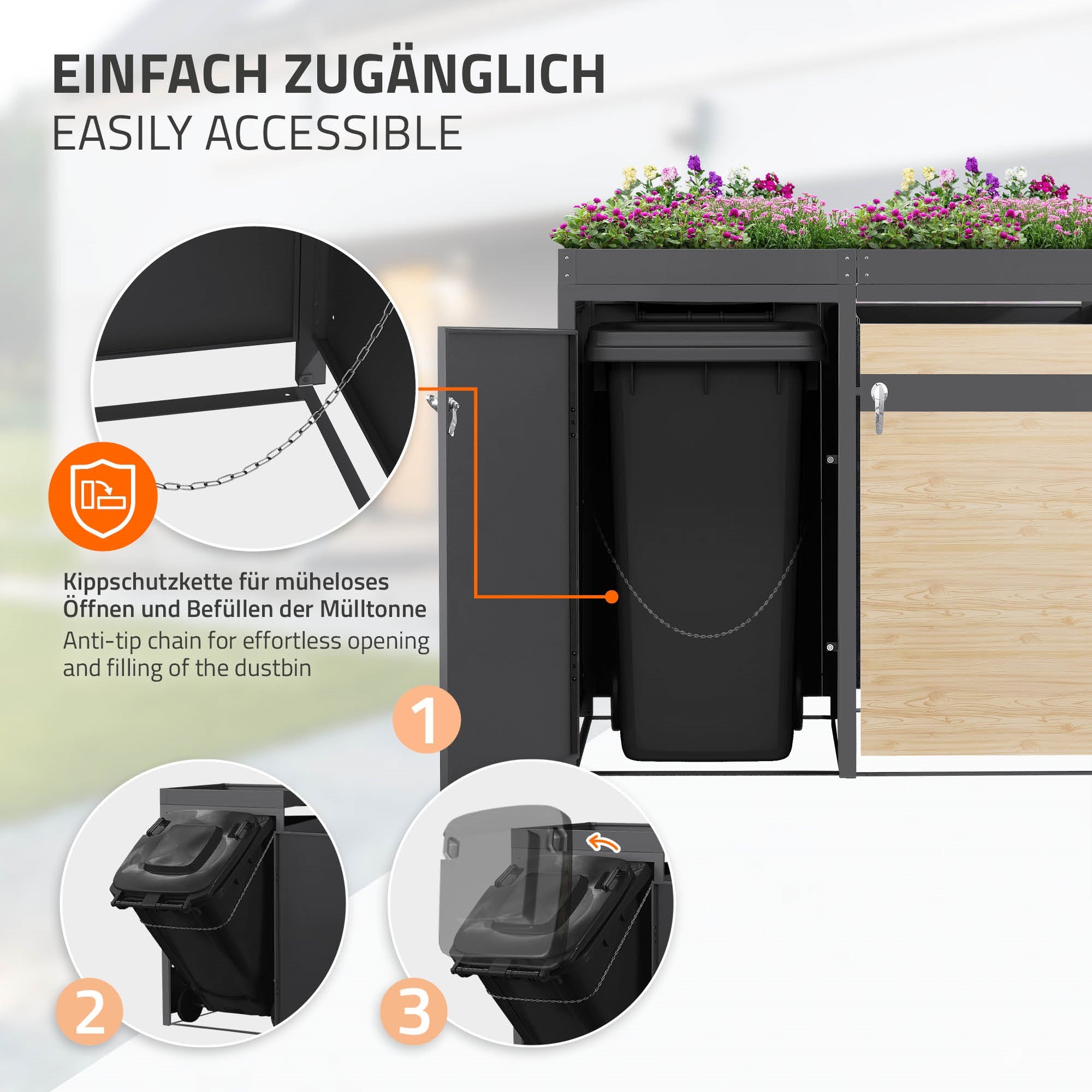 ECD Germany cache poubelle 4x240L acier toit planter 264cm