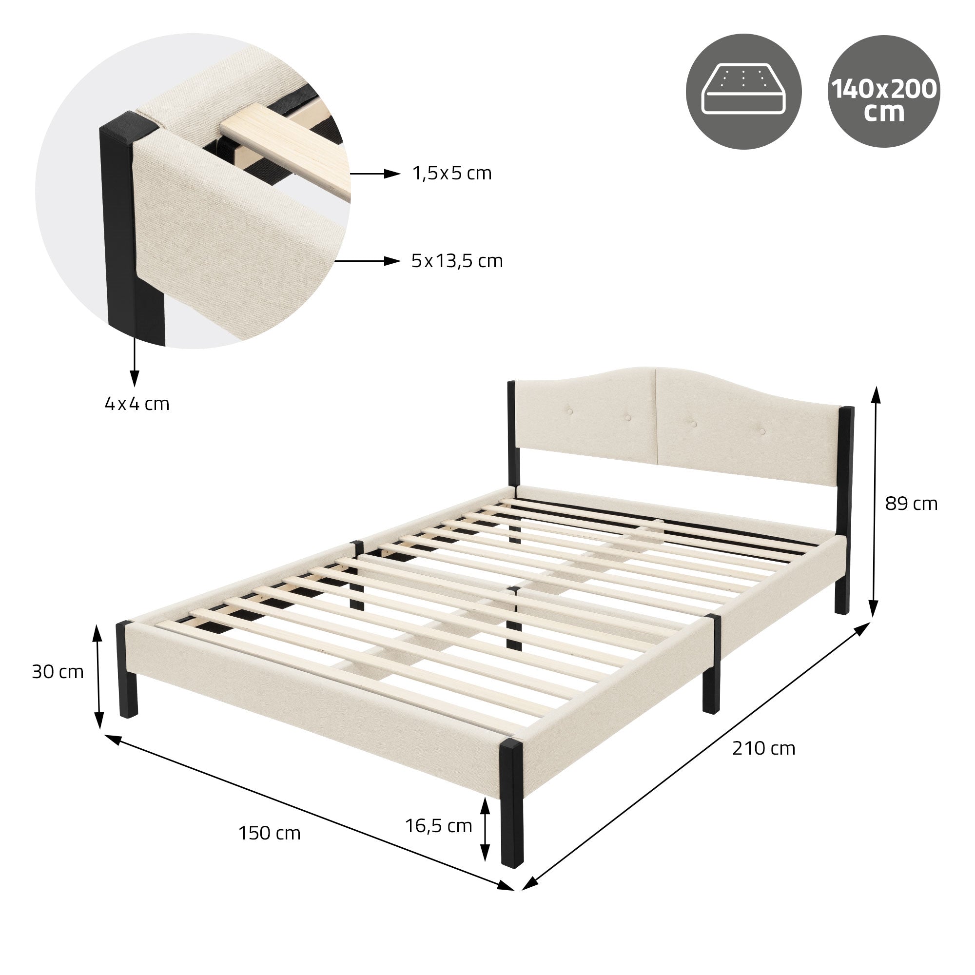 ECD Germany Möbel lit double 140x200 beige tissu capitonné