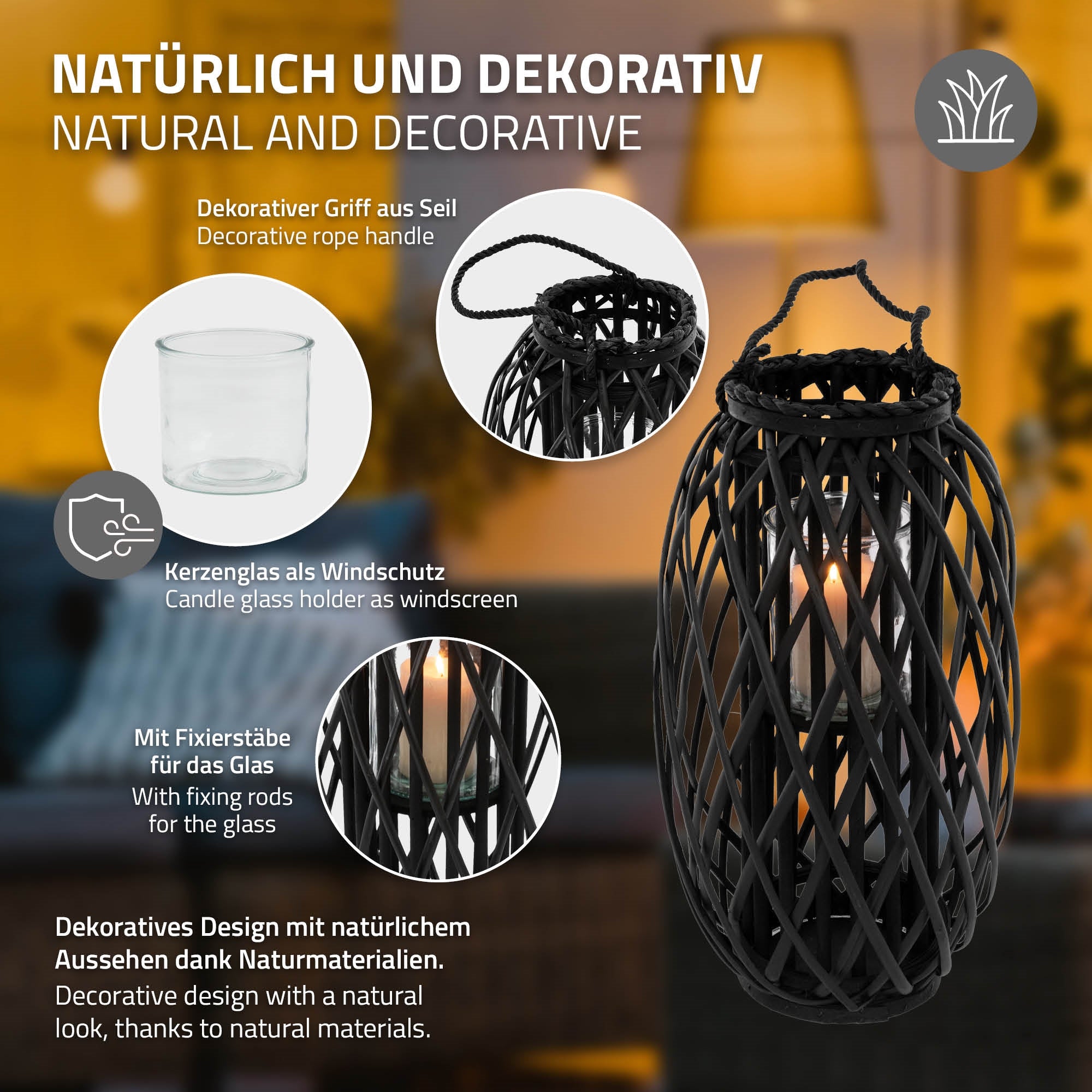 ECD Germany Garten Riedlaterne lanterne rotin noir 50 cm avec anse
