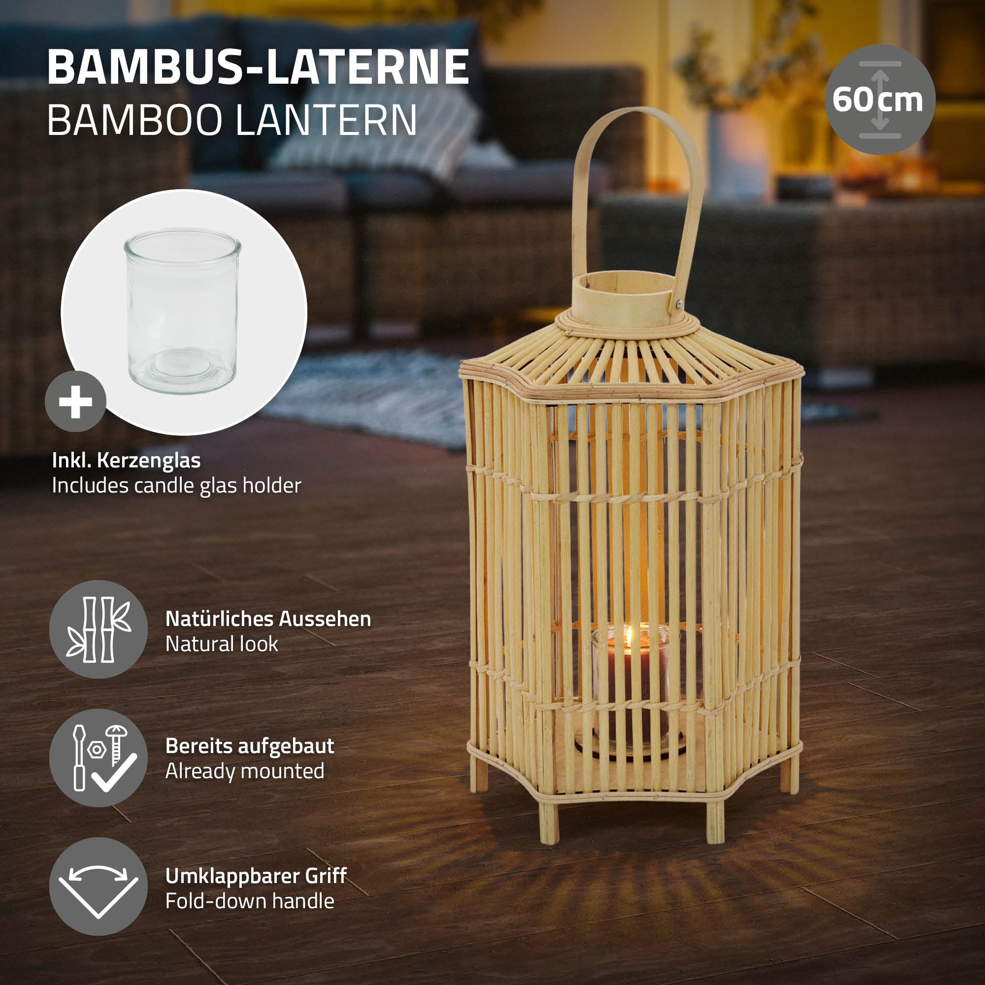 ECD Germany Garten lanterne bambou 60 cm bois tressé