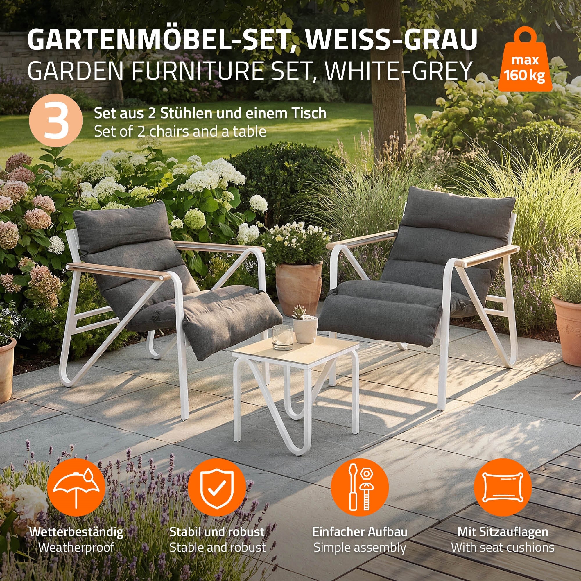 ECD Germany Garten salon de jardin blanc 3 pièces table + coussins
