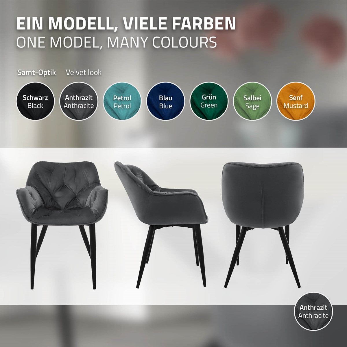 ECD Germany Möbel Chaise anthracite velours lot de 2 accoudoirs