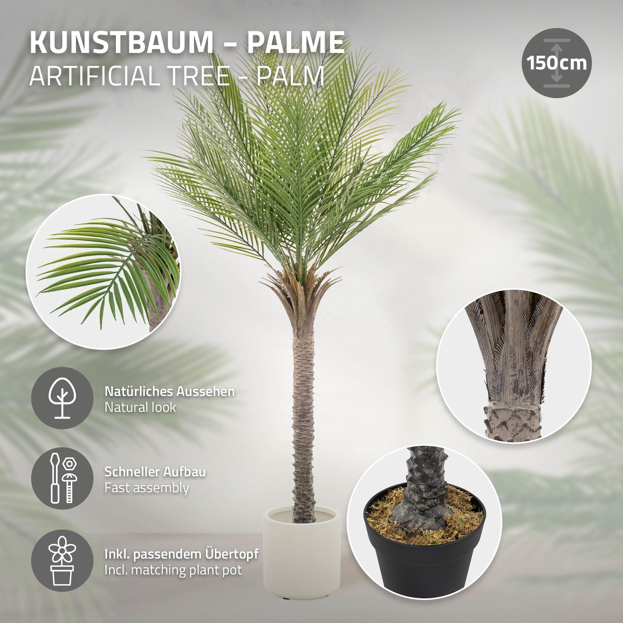 ECD Germany Haus & Wohnen palmier artificiel 150 cm en pot tropical