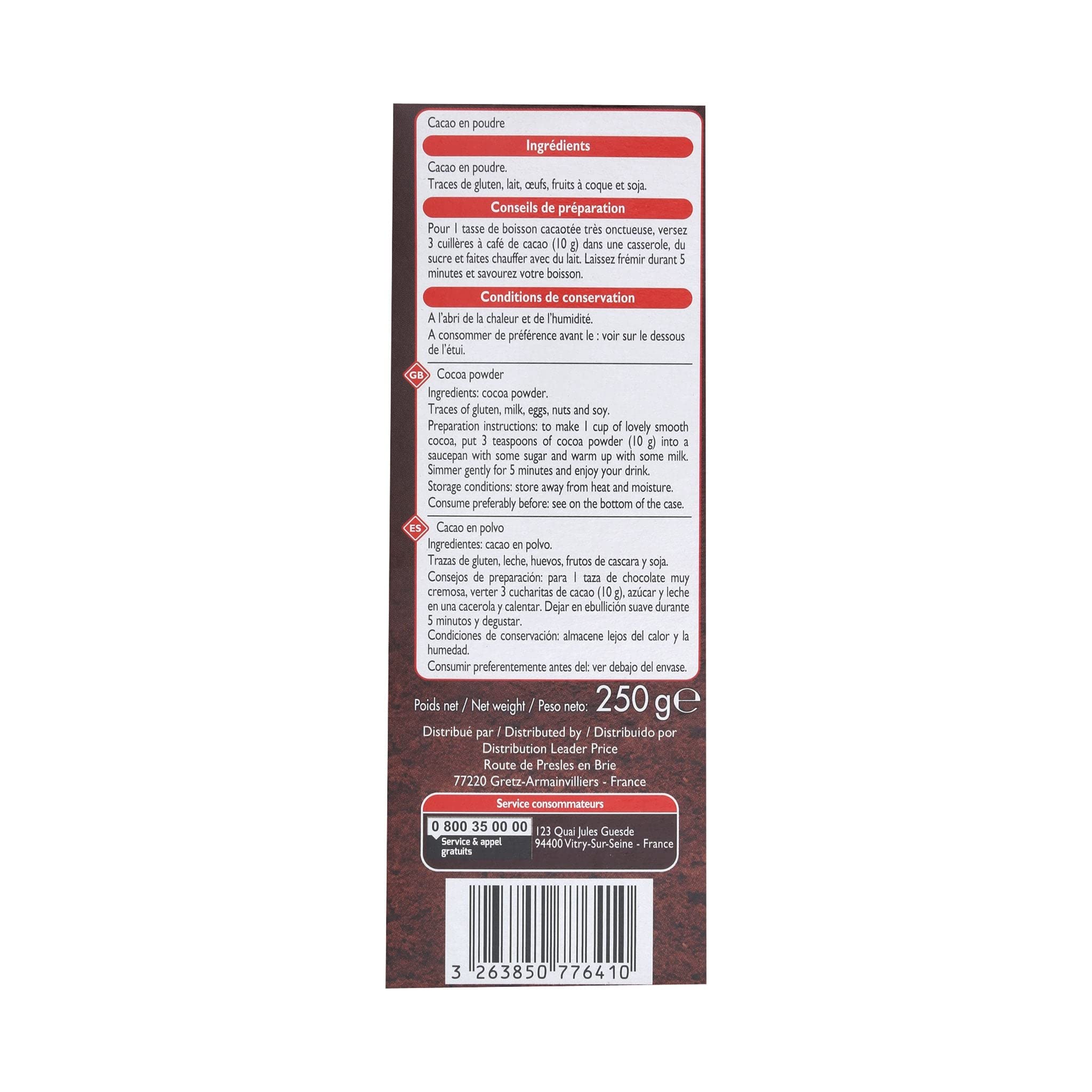 Leader Price Petit-déjeuner cacao non sucré 250g lot de 6 boîtes