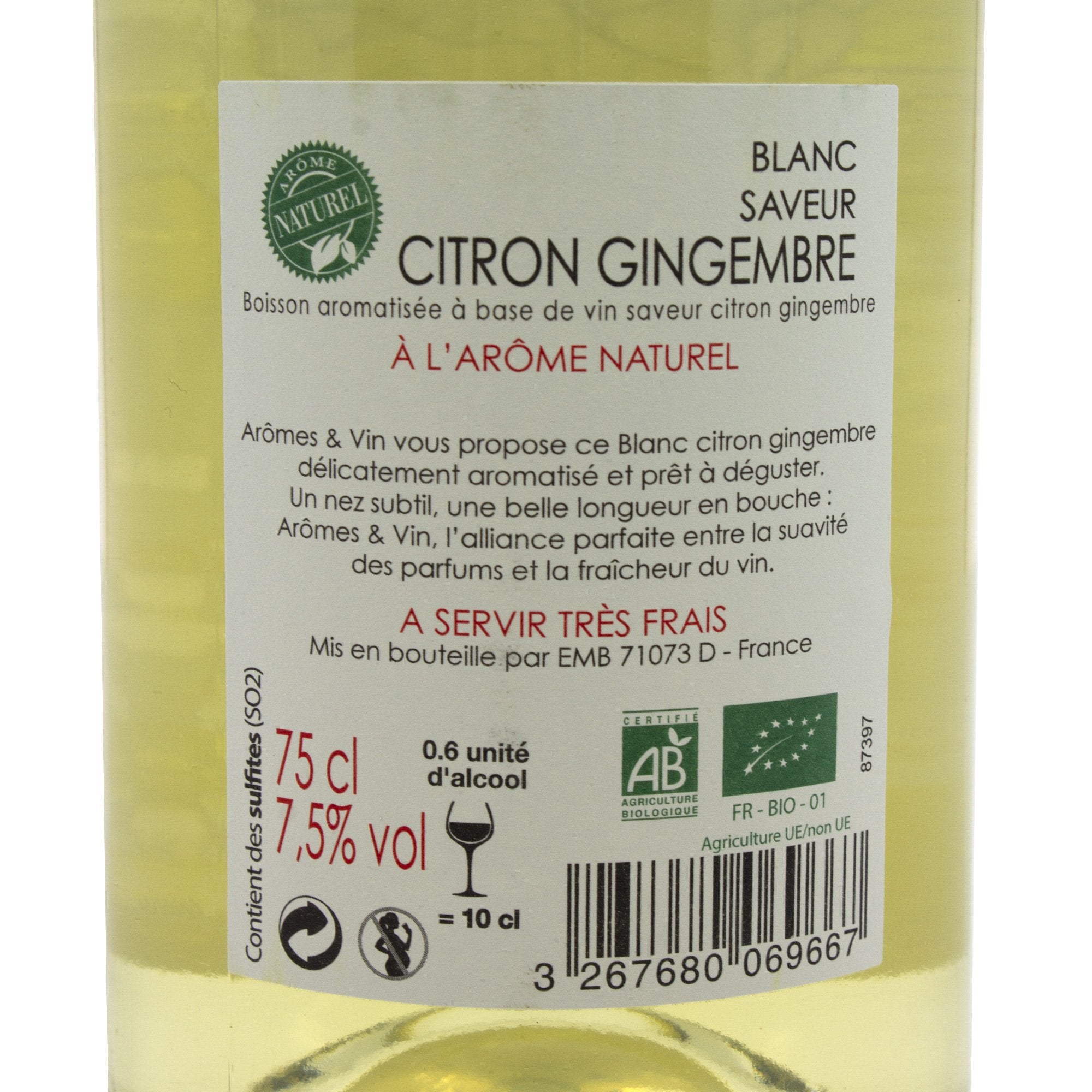 Stokomani Boisson vin blanc citron gingembre bio 7,5%
