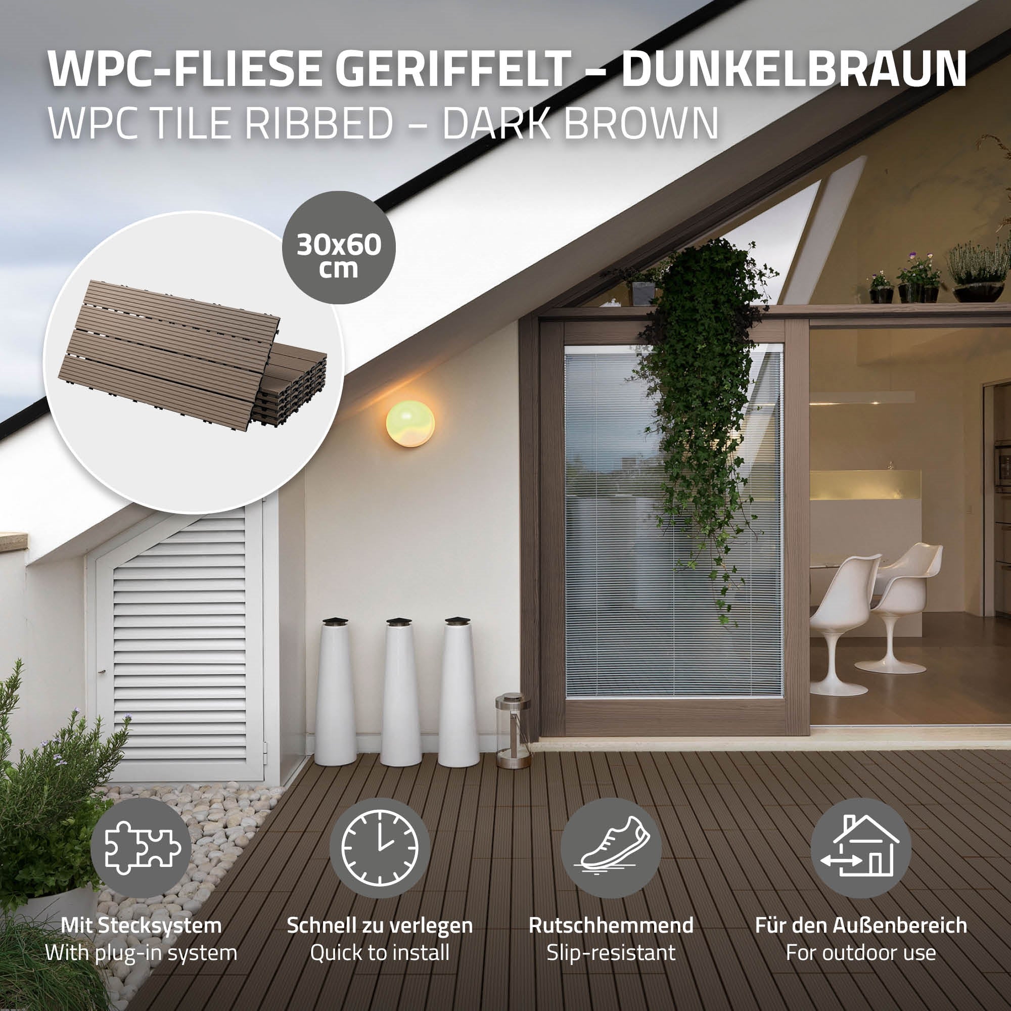 ECD Germany Garten Dalle terrasse WPC 60x30 marron foncé lot 12