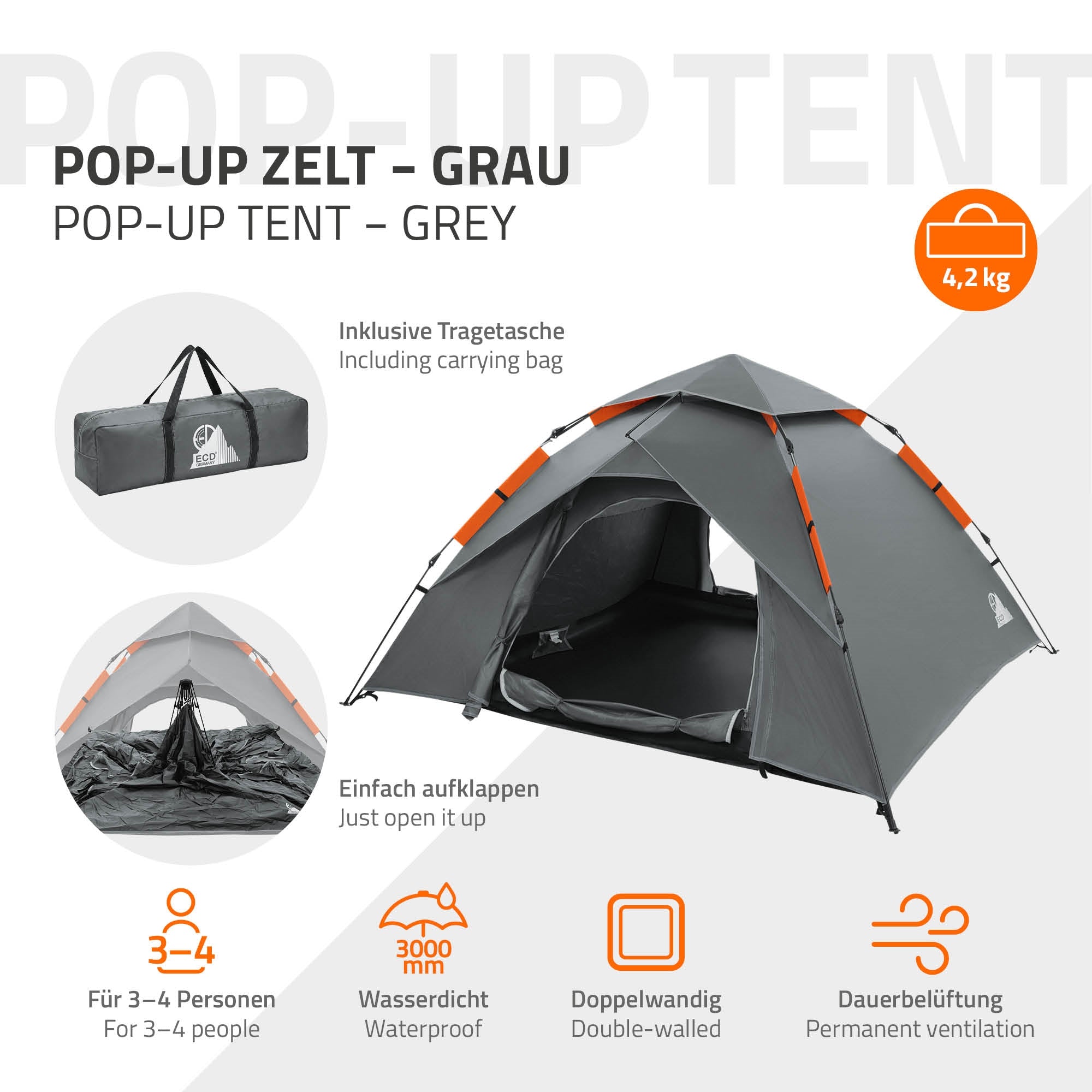 ECD Germany Tente pop-up camping 4 personnes grise double paroi