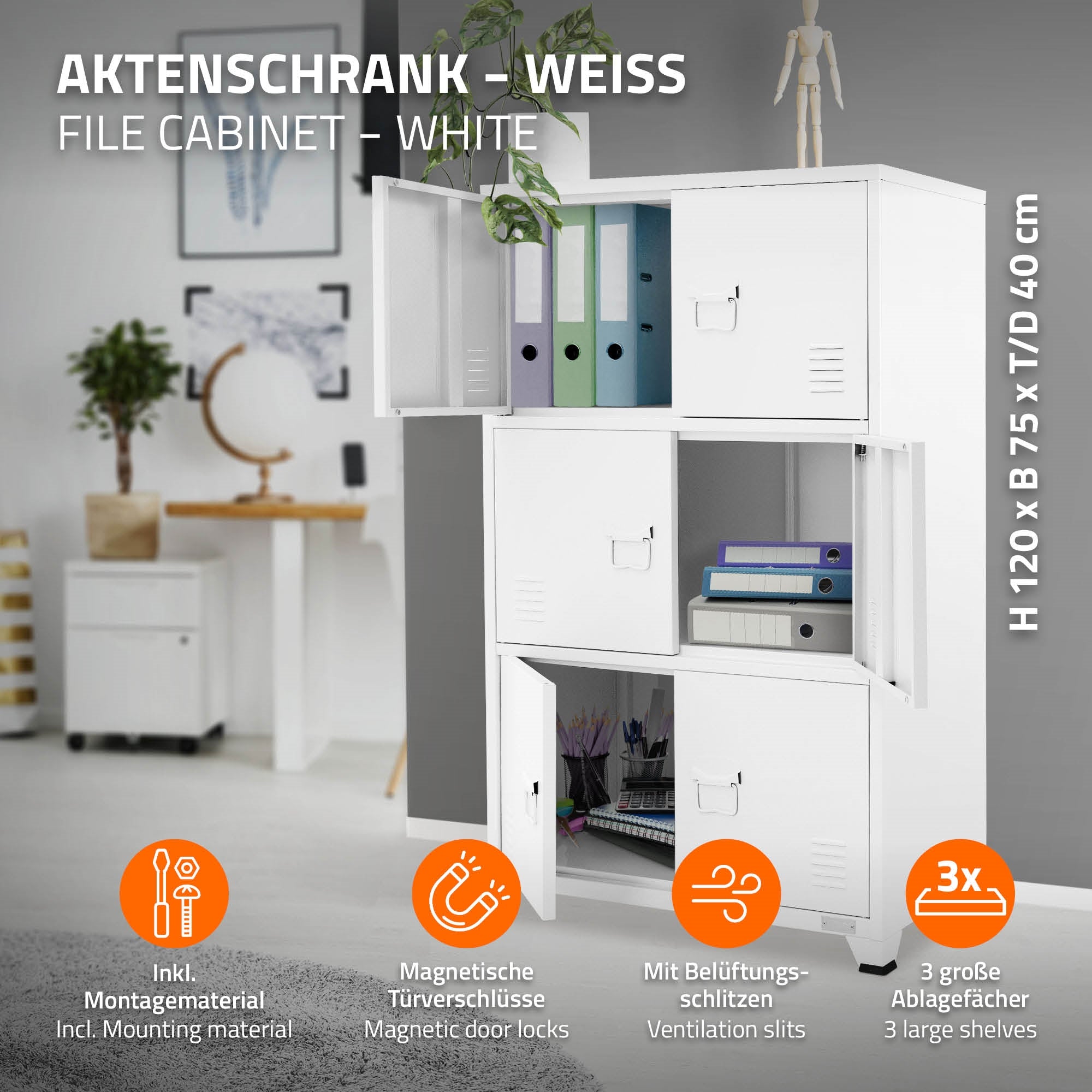 ECD Germany Werkstatt armoire bureau acier blanc 75x40x120 cm