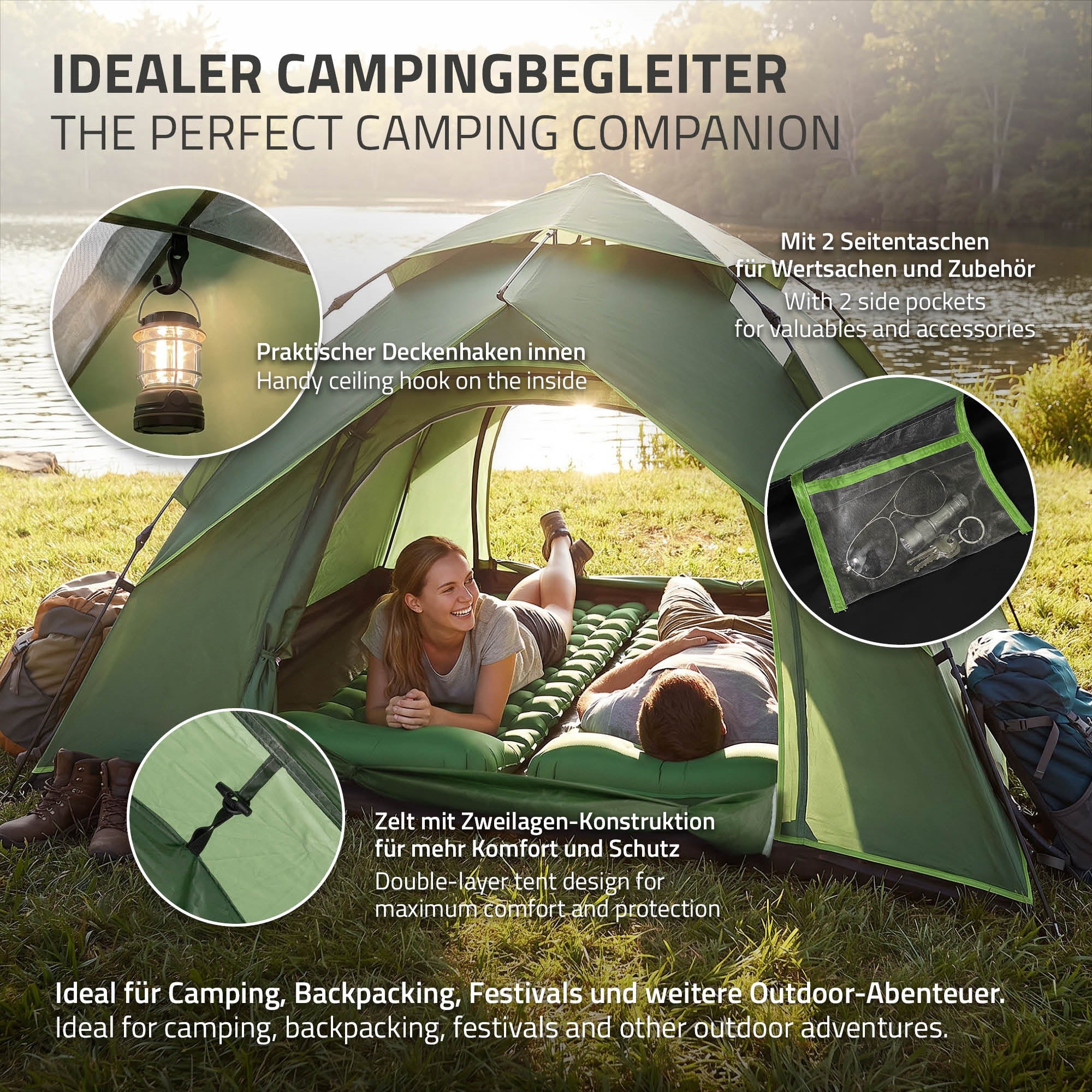 ECD Sport tente pop-up 4 places verte double-toit 2 portes