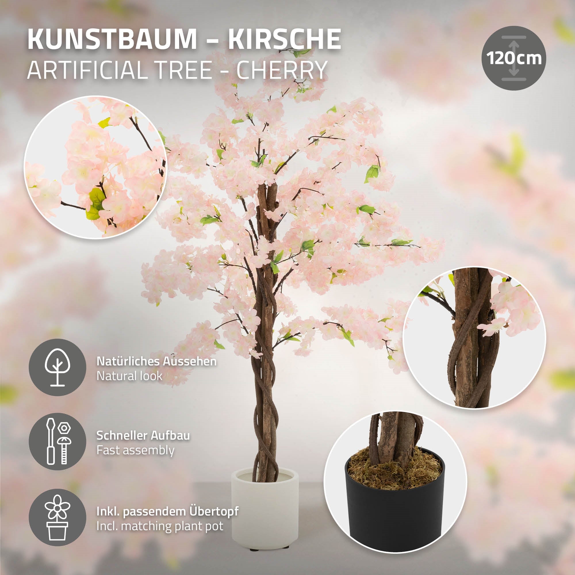 ECD Germany Haus & Wohnen cerisier artificiel 120 cm rose en pot