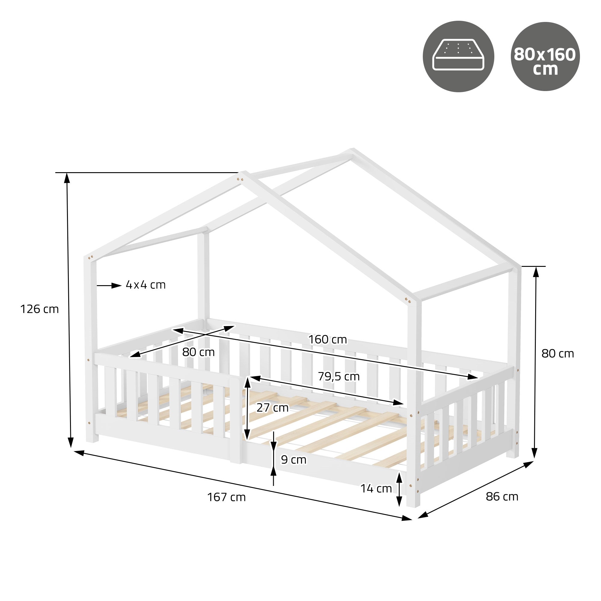ECD Germany Kinder lit cabane 80x160 cm blanc avec sommier
