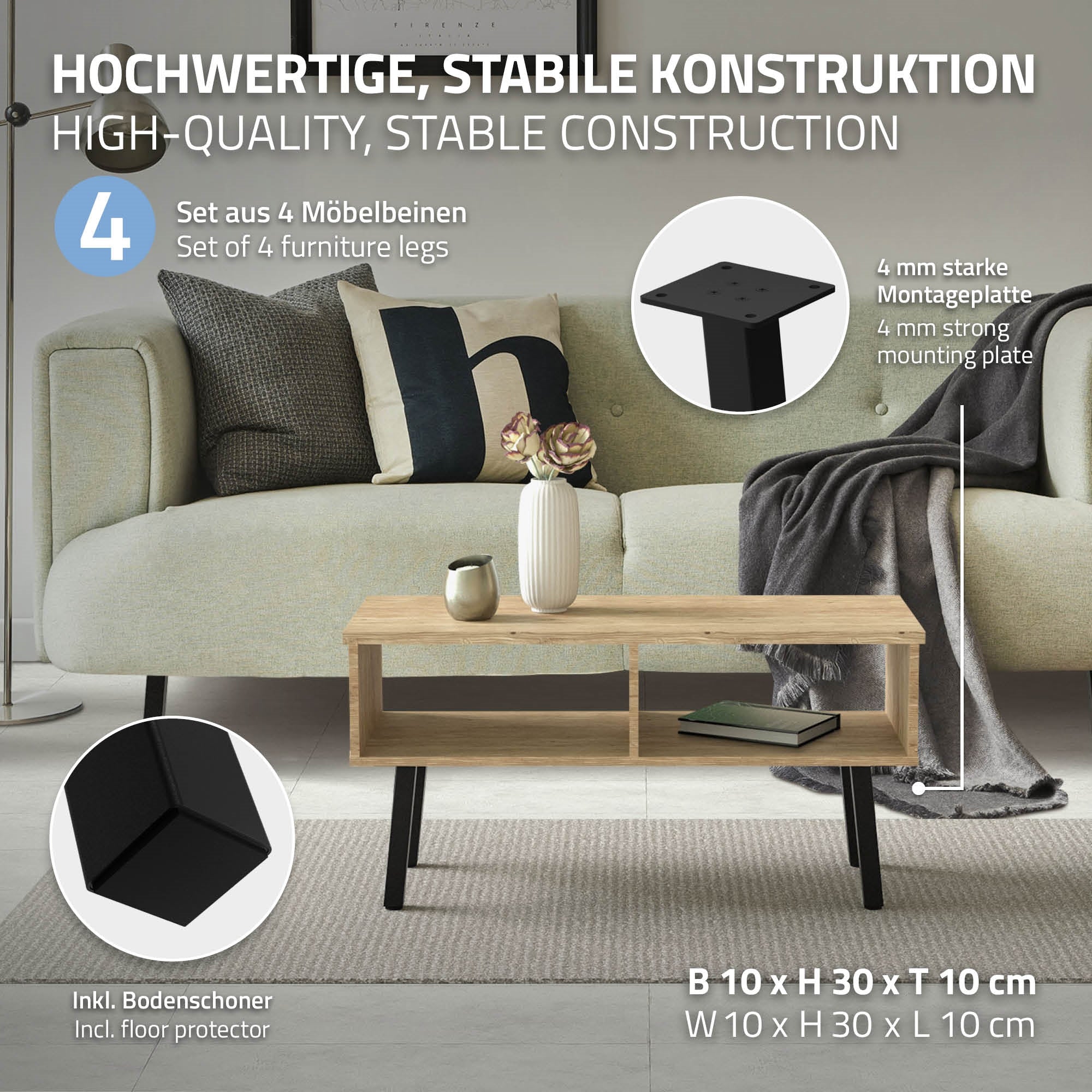 ECD Germany pieds de table inclinés 30 cm noirs acier x4