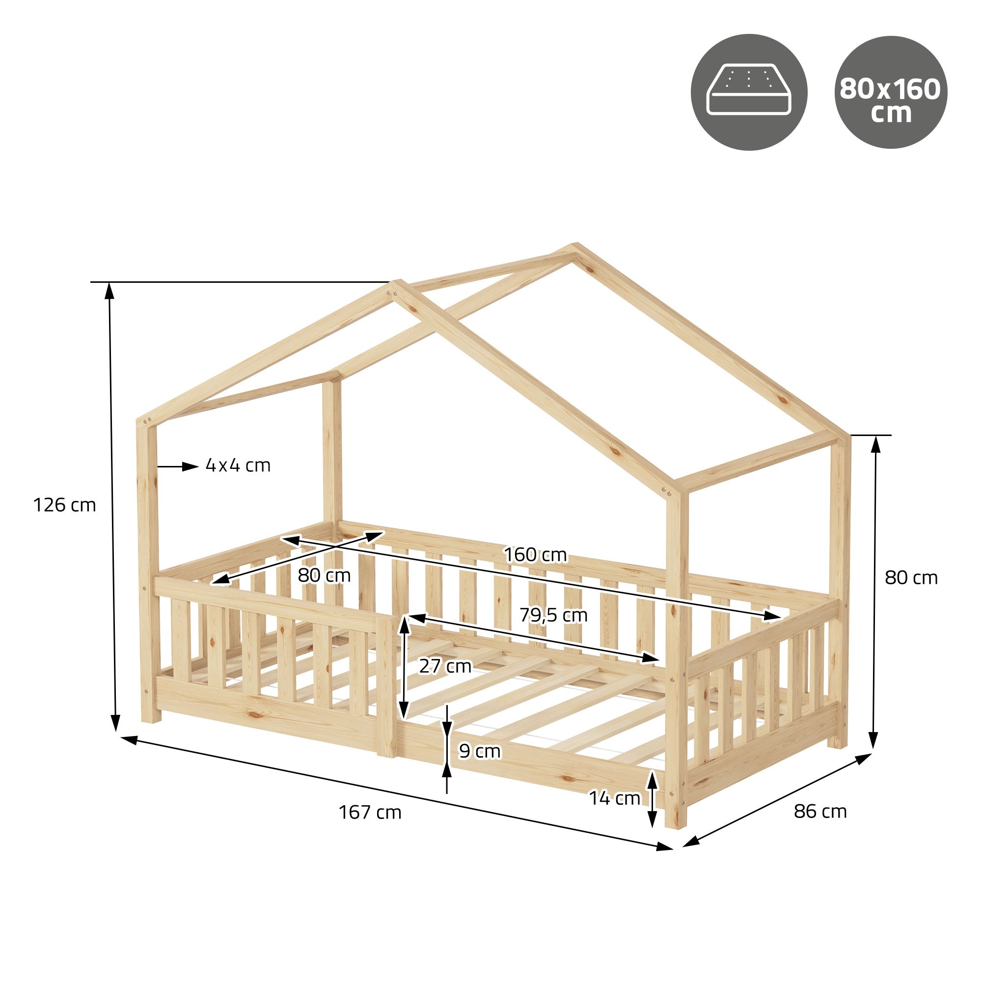 ECD Germany Kinder lit cabane 80x160 nature pin sommier