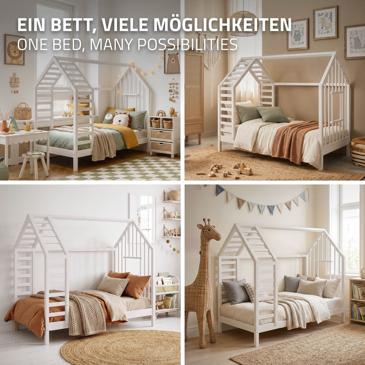 ECD Germany Kinder lit cabane 80x160 blanc avec matelas pin