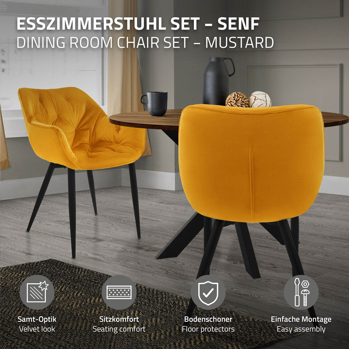 ECD Germany Möbel Lot 6 Chaises Velours Moutarde avec Accoudoirs