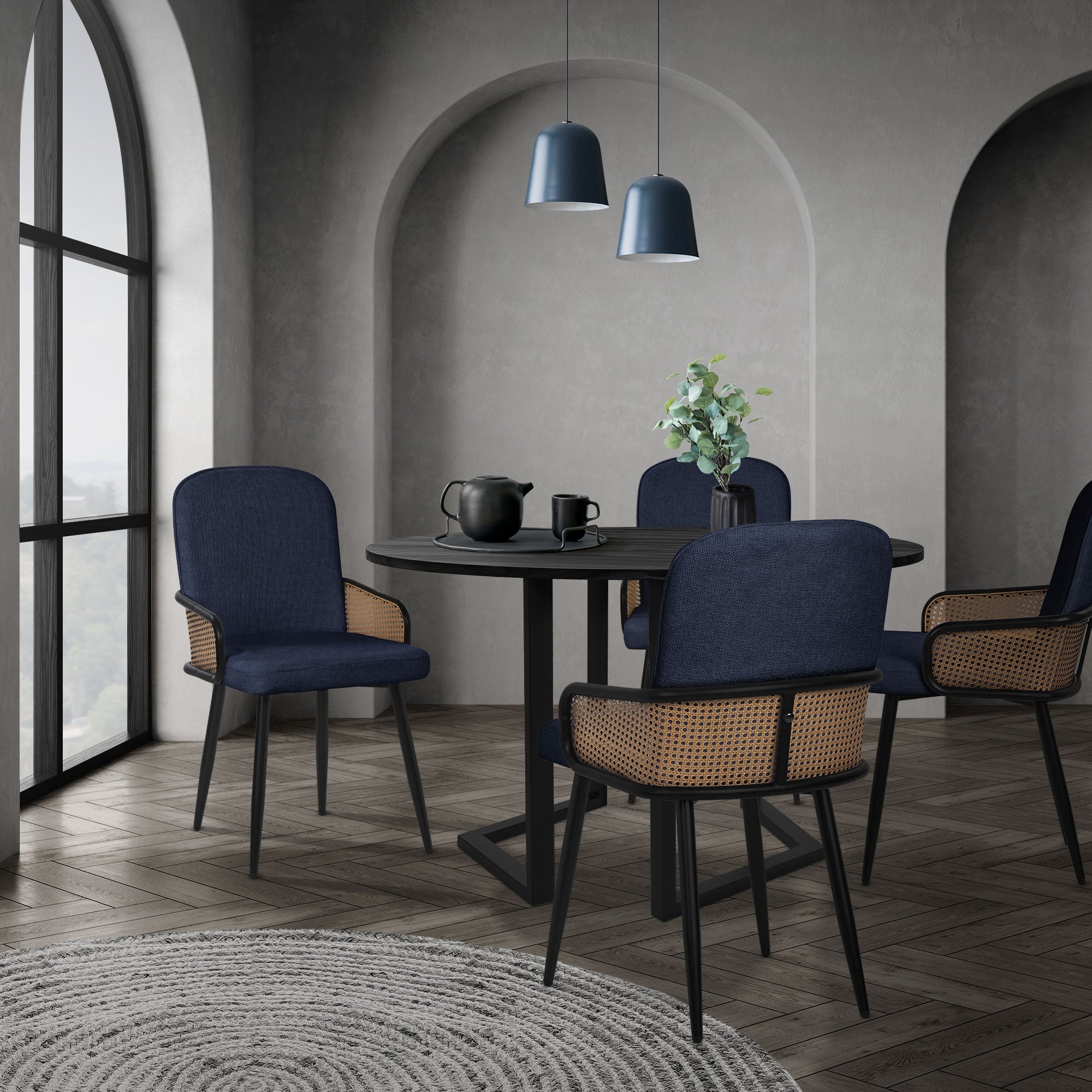 ECD Germany Möbel Lot 6 chaises bleu foncé tissu rotin accoudoirs