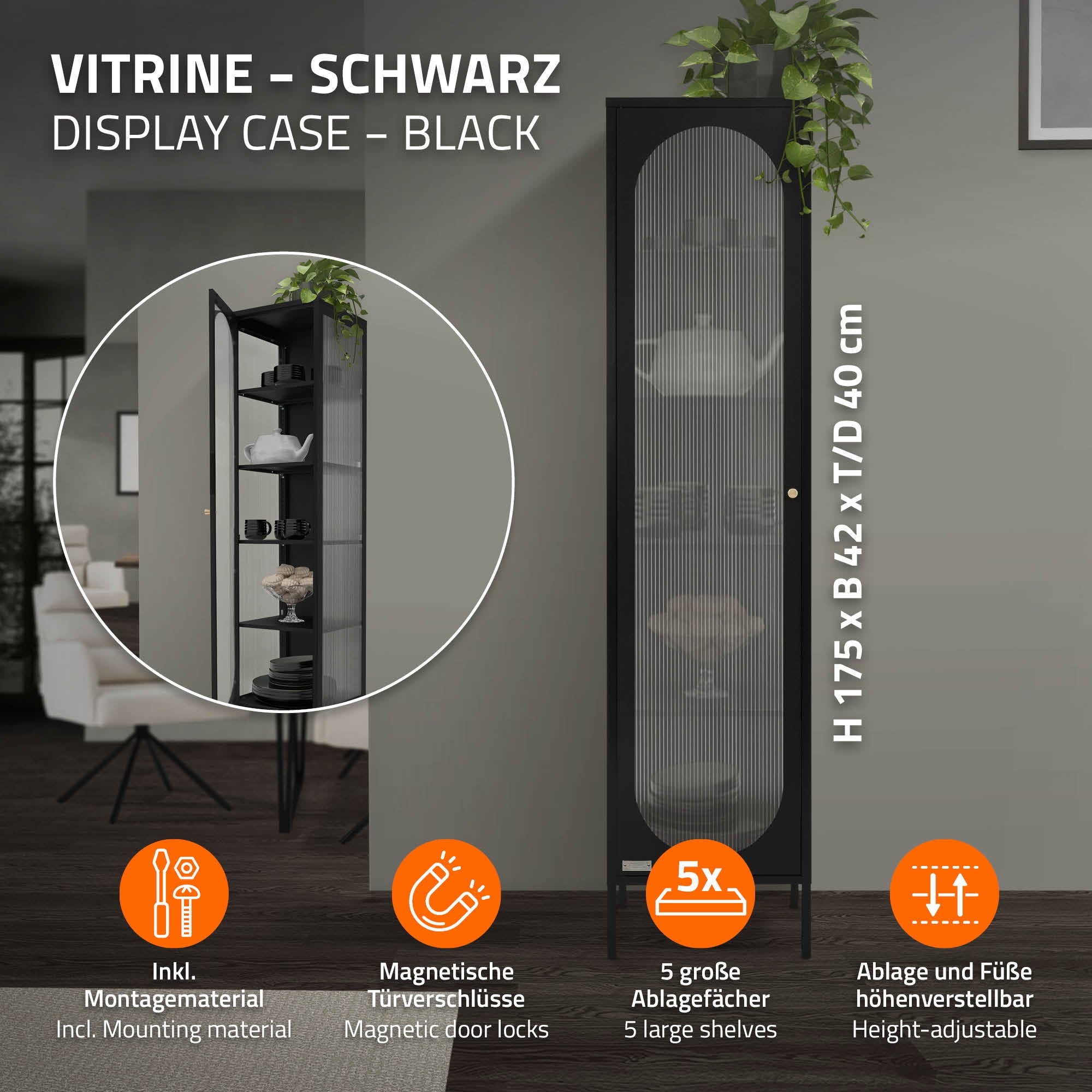 ECD Germany vitrine 42x175x40 cm noire acier 4 étagères B-Ware