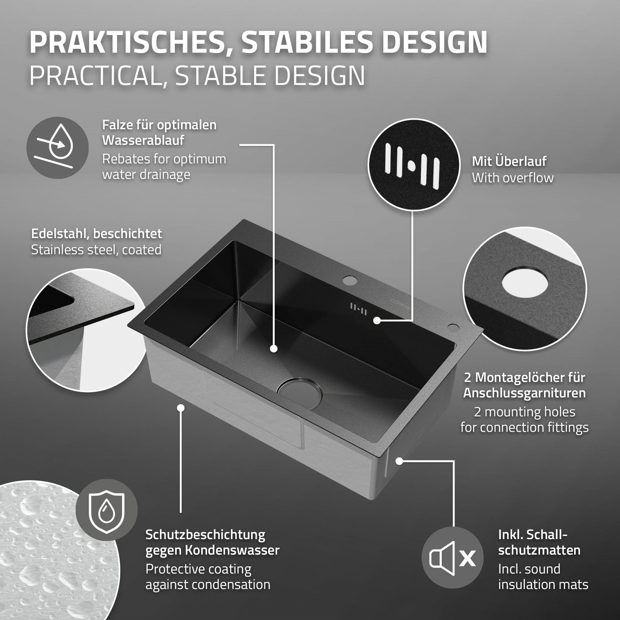 ECD Germany évier encastrable 68x45 cm anthracite inox 1 cuve