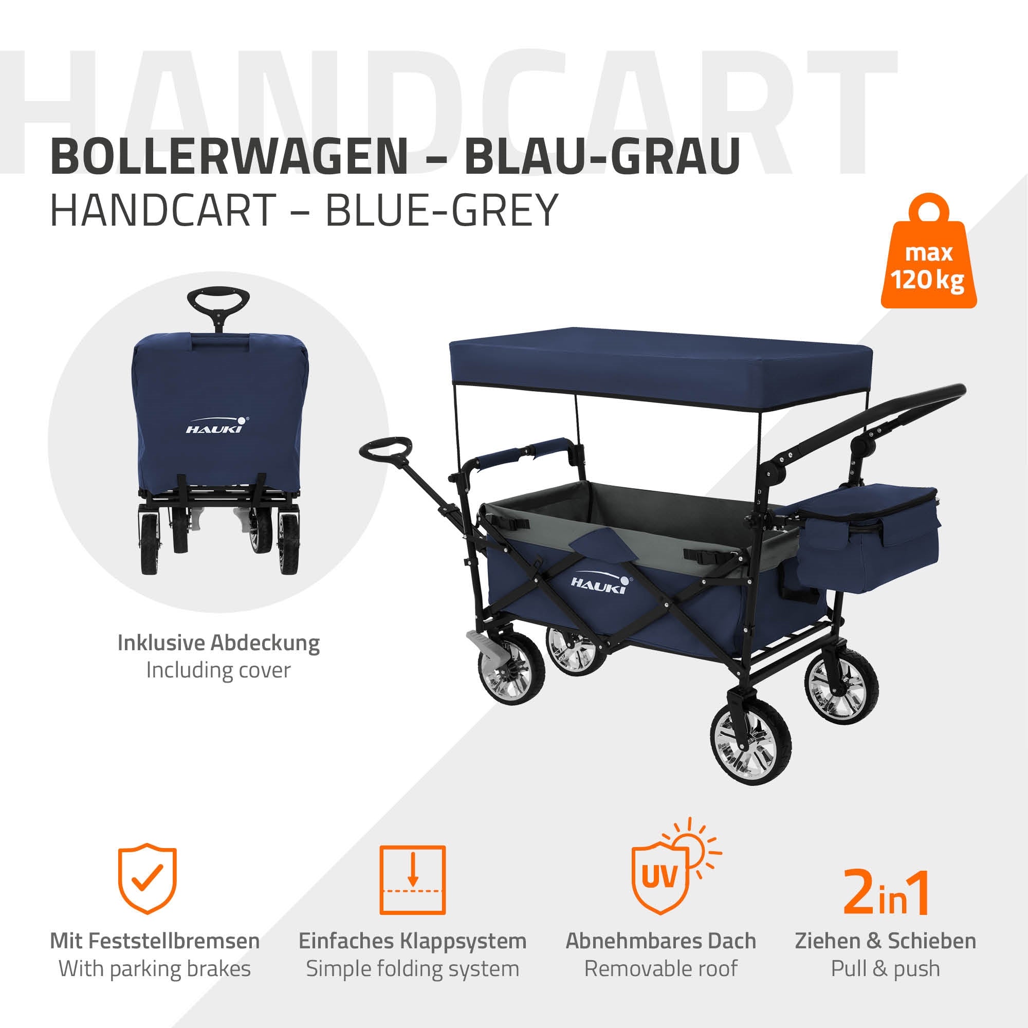 Hauki chariot pliable avec toit bleu/gris 120 kg + sac
