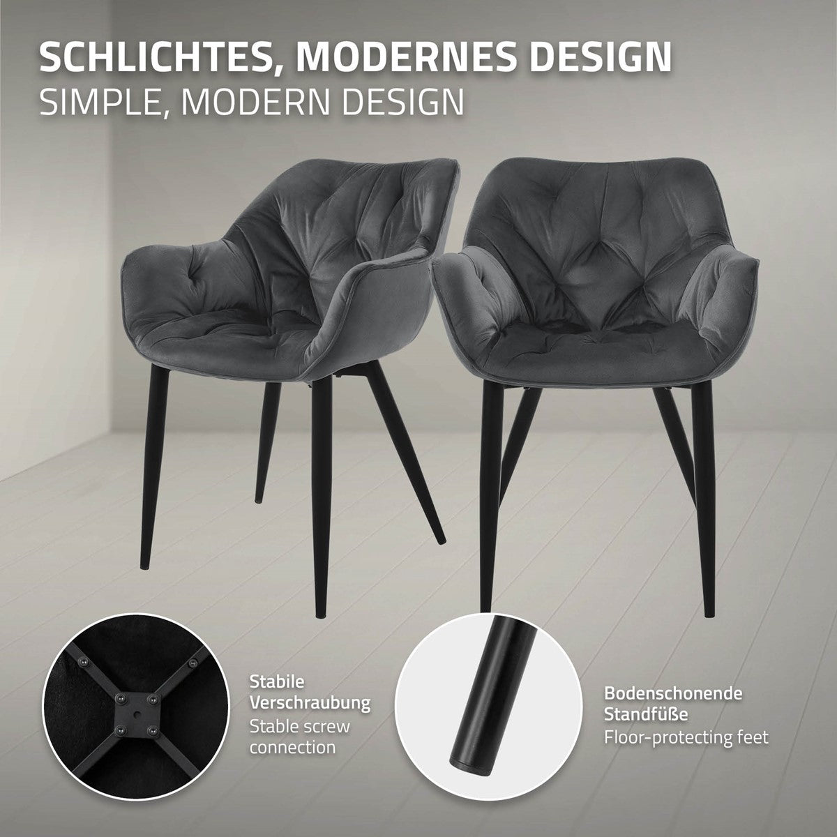 ECD Germany Möbel Chaise anthracite velours lot de 2 accoudoirs