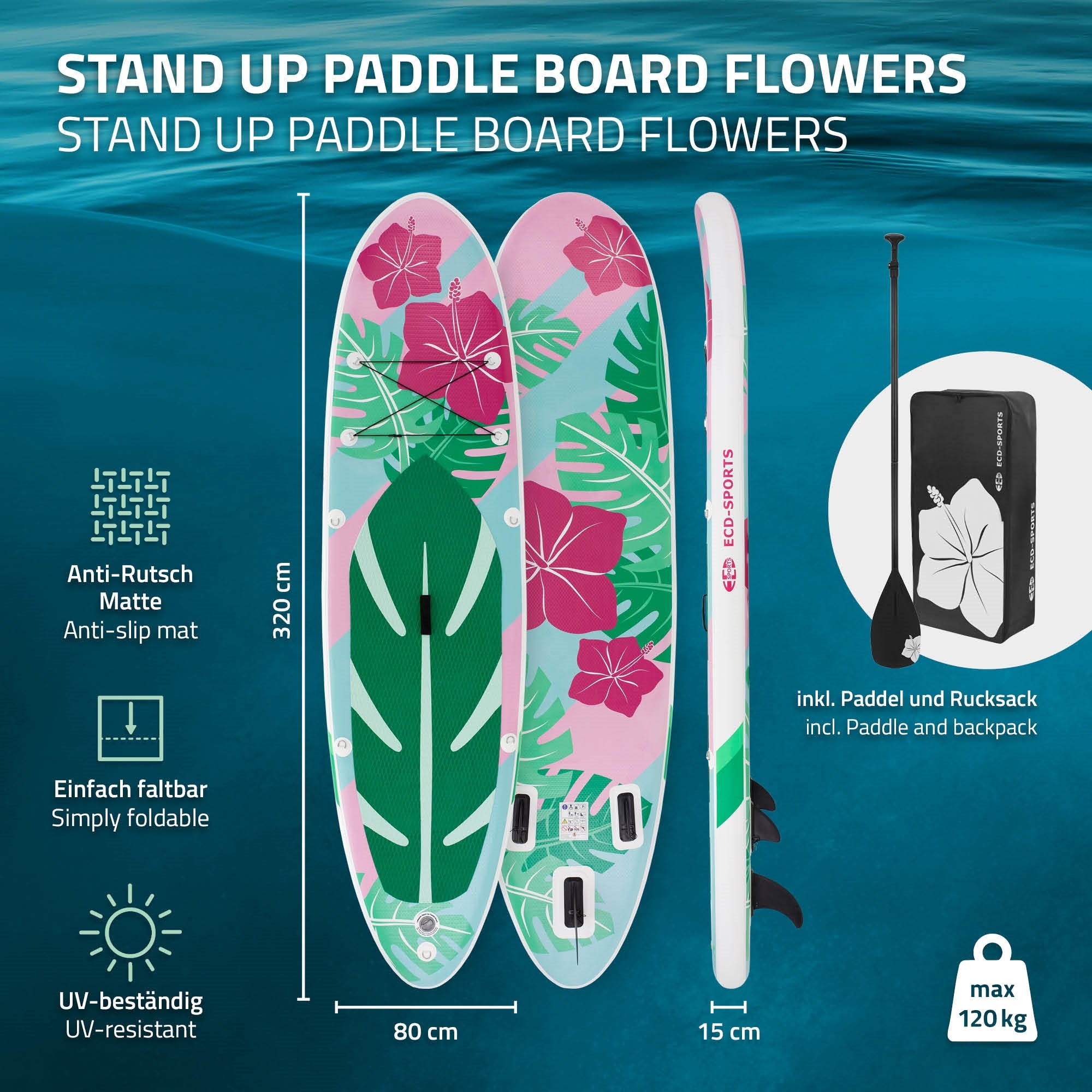 ECD Germany Flowers stand up paddle gonflable mint 320 cm