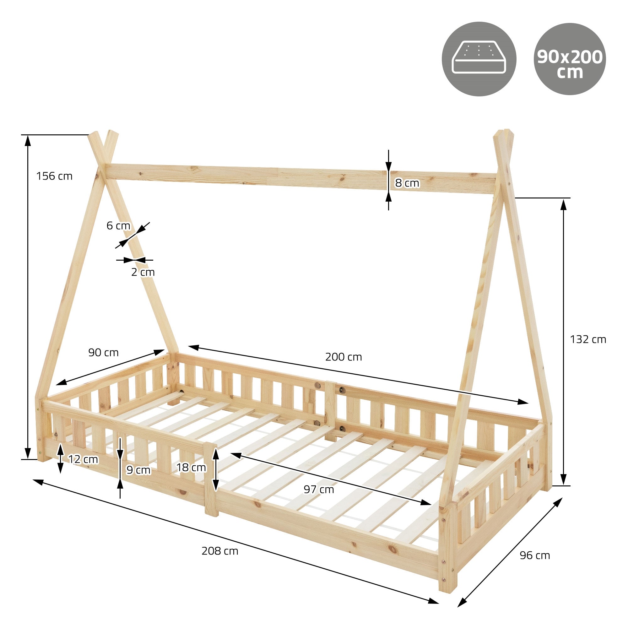 ECD Germany Kinder Lit Tipi 90x200 cm Pin avec Sommier